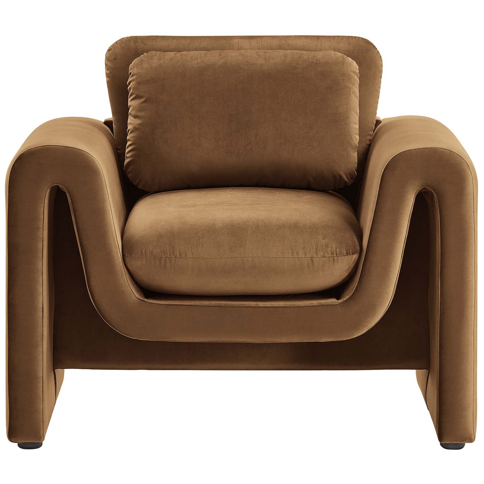 Inviting brown velvet armchair with deep seat, plush back pillow, and sculptural wave-arm silhouette || EEI-6576-BRN || front_studio