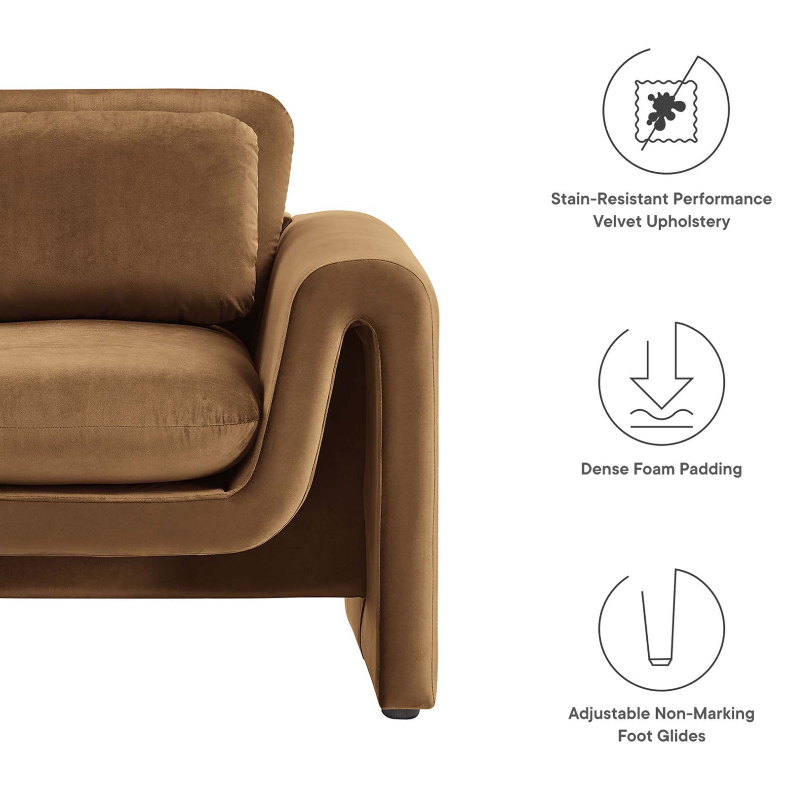 Features include stain-resistant velvet, dense foam cushioning, and adjustable non-marking foot glides || EEI-6576-BRN || callout_studio
