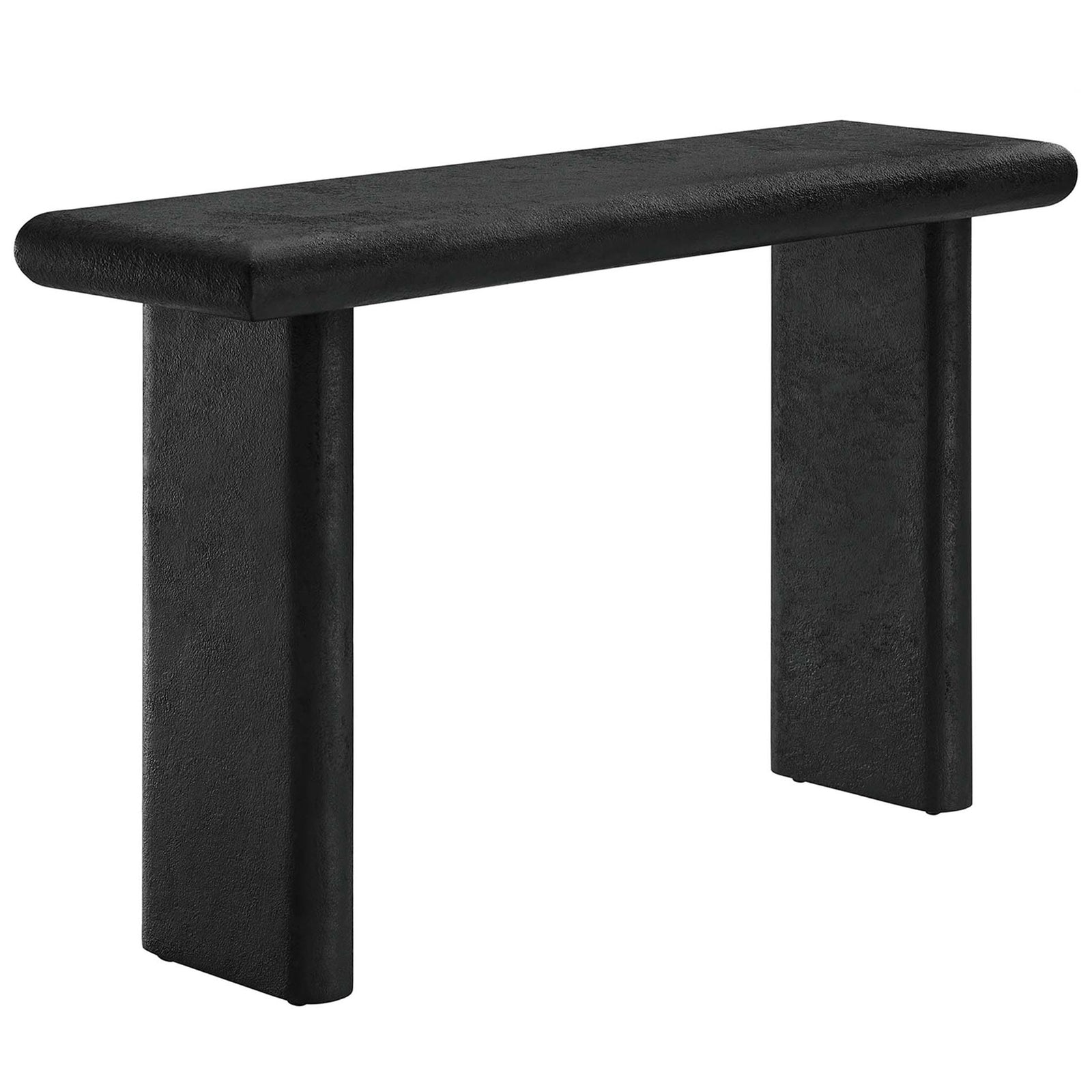 Sculptural console with thick slab top and minimalist pillar legs in textured matte black || EEI-6577-BLK || front_angle_studio