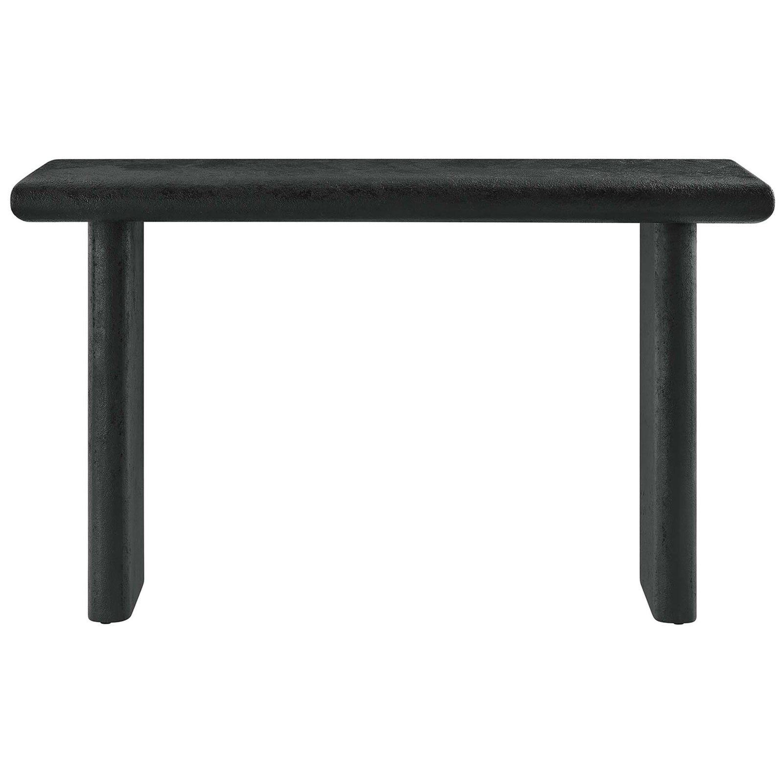 Sleek black console table with rounded bullnose edges and concrete-textured finish || EEI-6577-BLK || front_studio