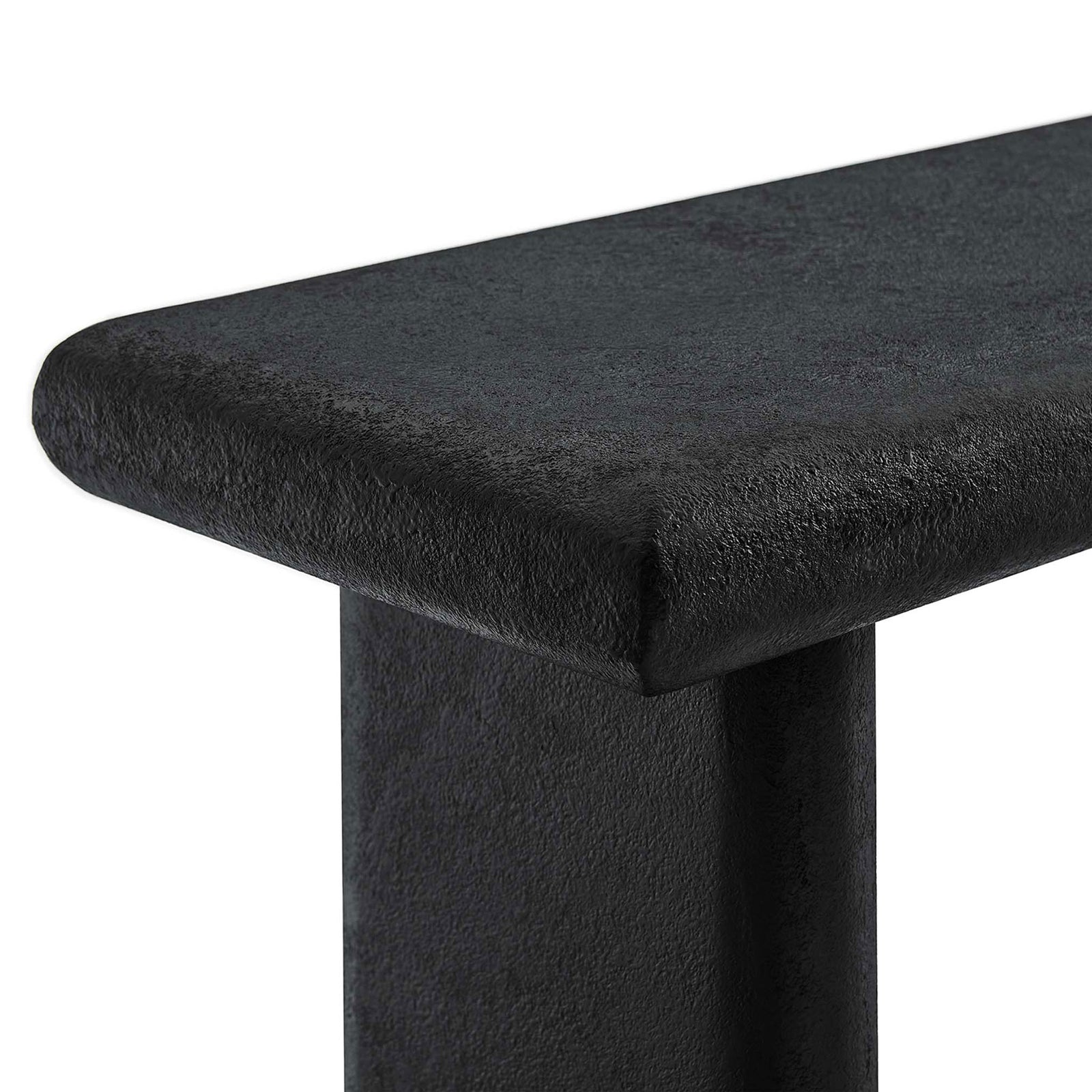 Rounded bullnose tabletop corner showcasing the richly textured concrete finish || EEI-6577-BLK || detail_studio