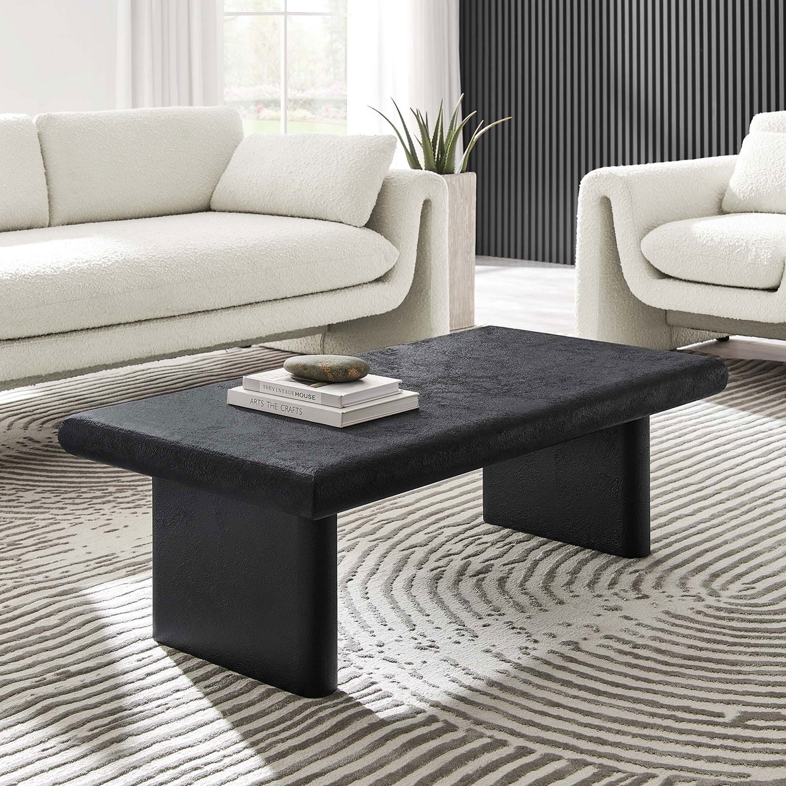 Elevates a living room with bold lines and a matte black cement-textured finish || EEI-6578-BLK || front_angle_room