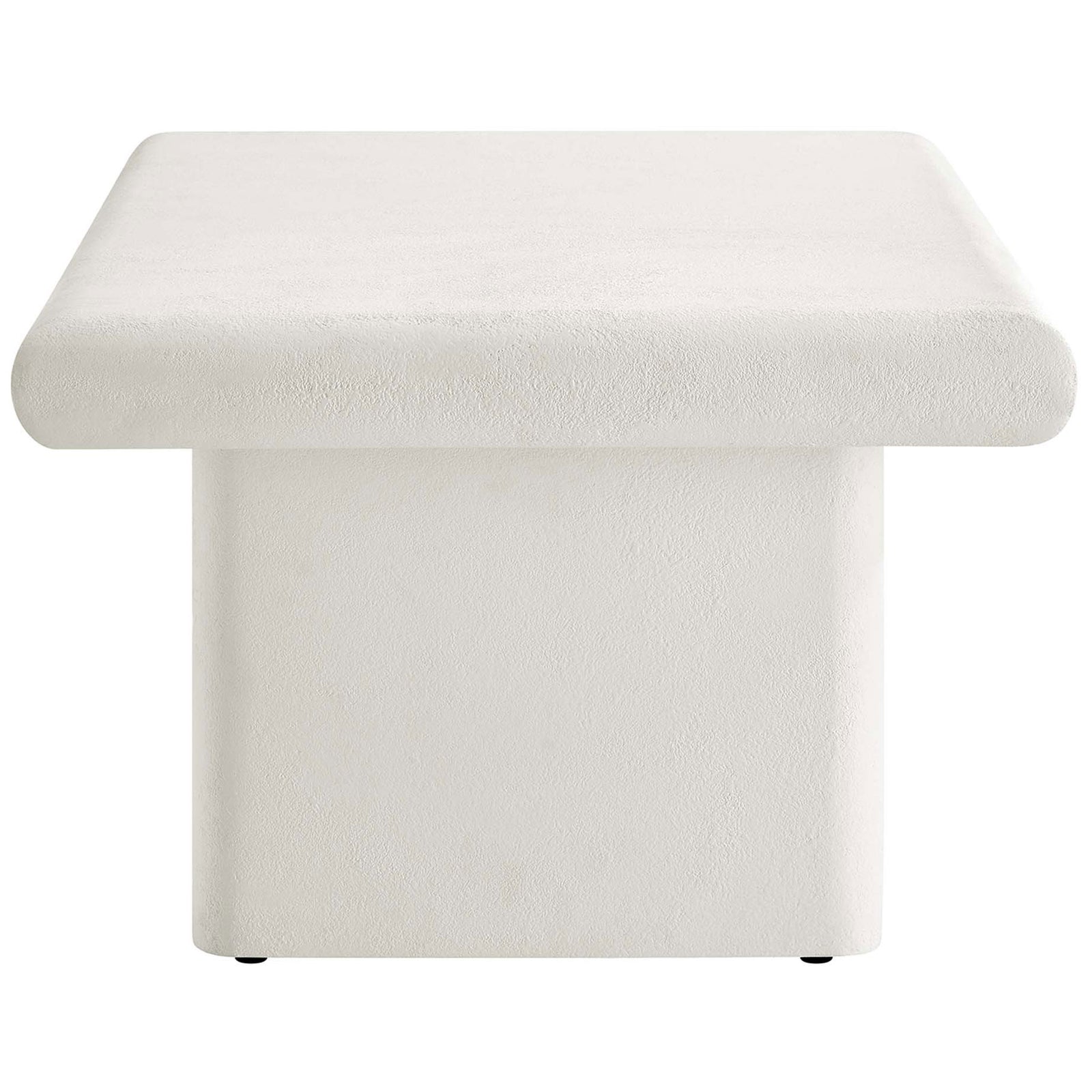 Thick tabletop and block legs emphasize the clean white concrete look with subtle texture. || EEI-6578-WHI || side_studio