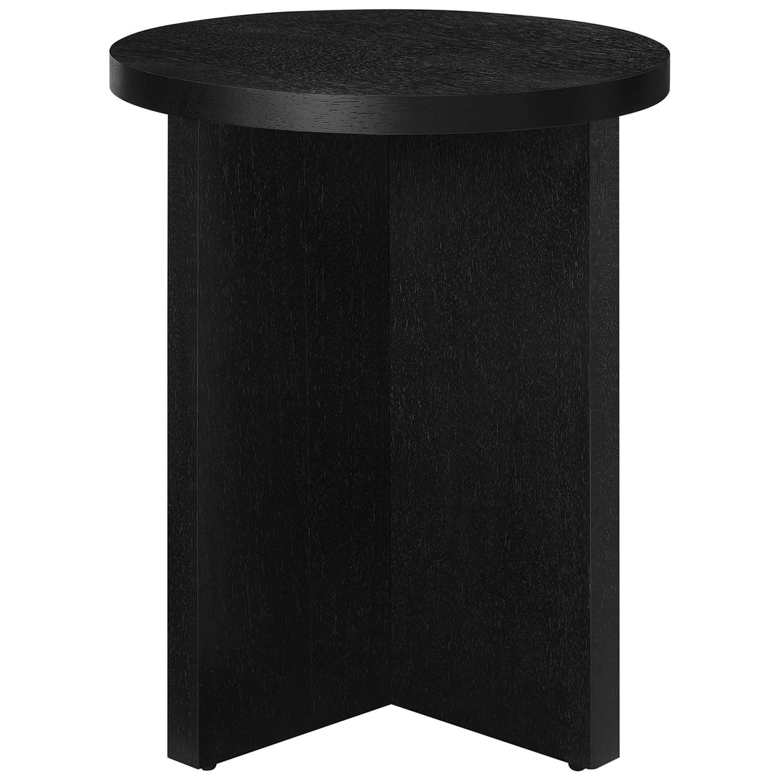 Sleek black round mango wood side table with sculpted X base and thick tabletop for modern decor || EEI-6579-BLK || front_angle_studio
