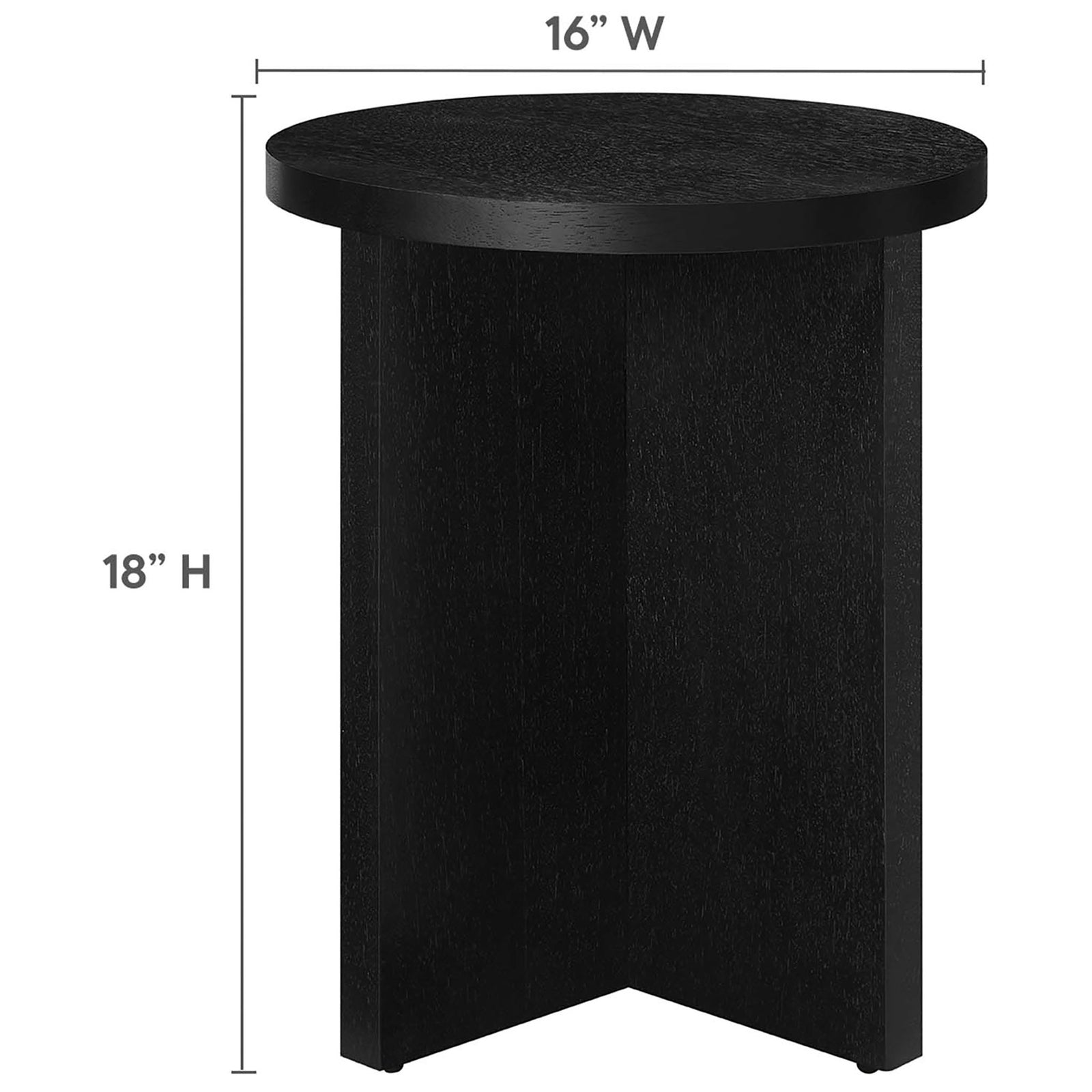 Size diagram of the black round side table showing compact 16 inch width and 18 inch height || EEI-6579-BLK || dimension_studio