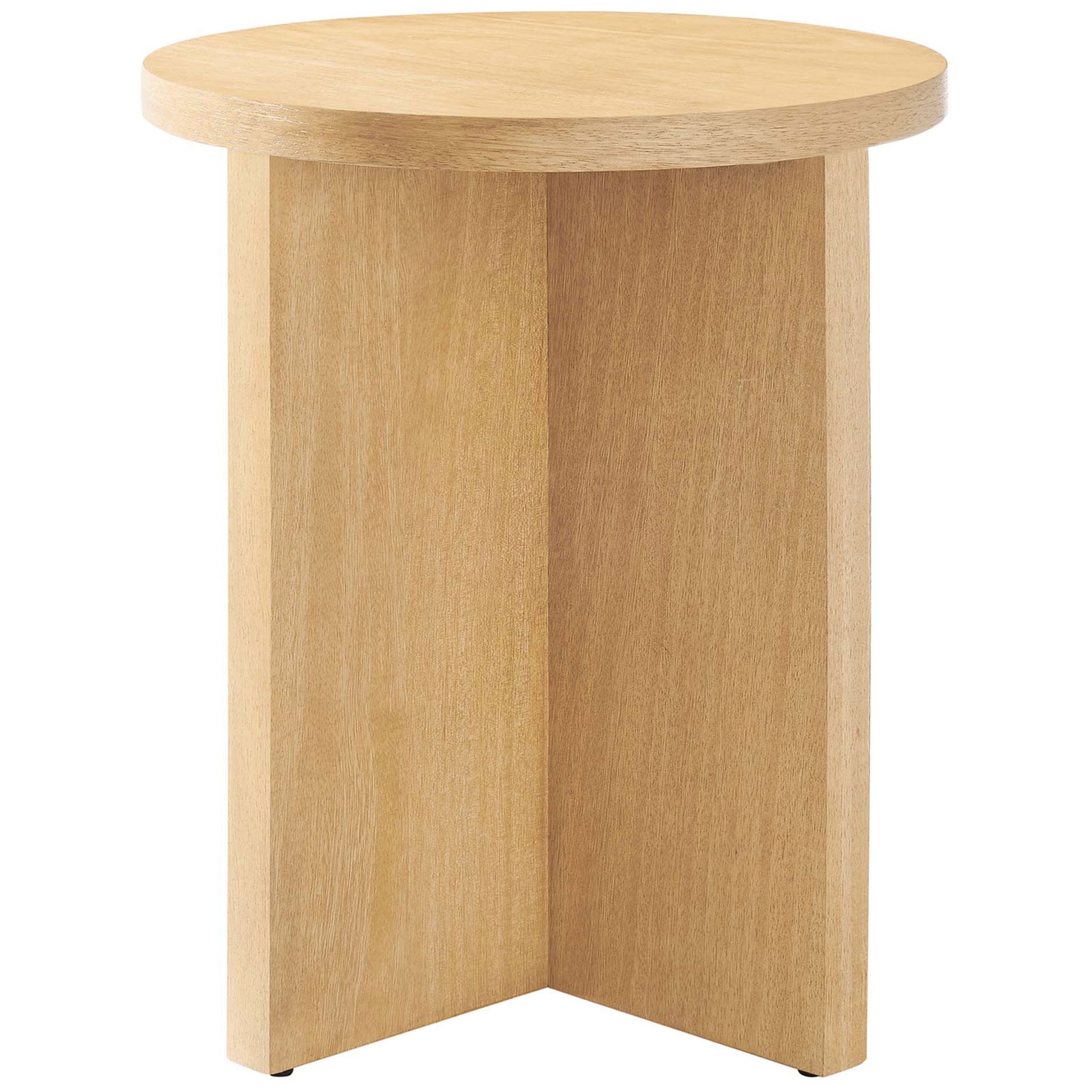 Natural wood round side table with sculptural intersecting base || EEI-6579-NAT || front_angle_studio