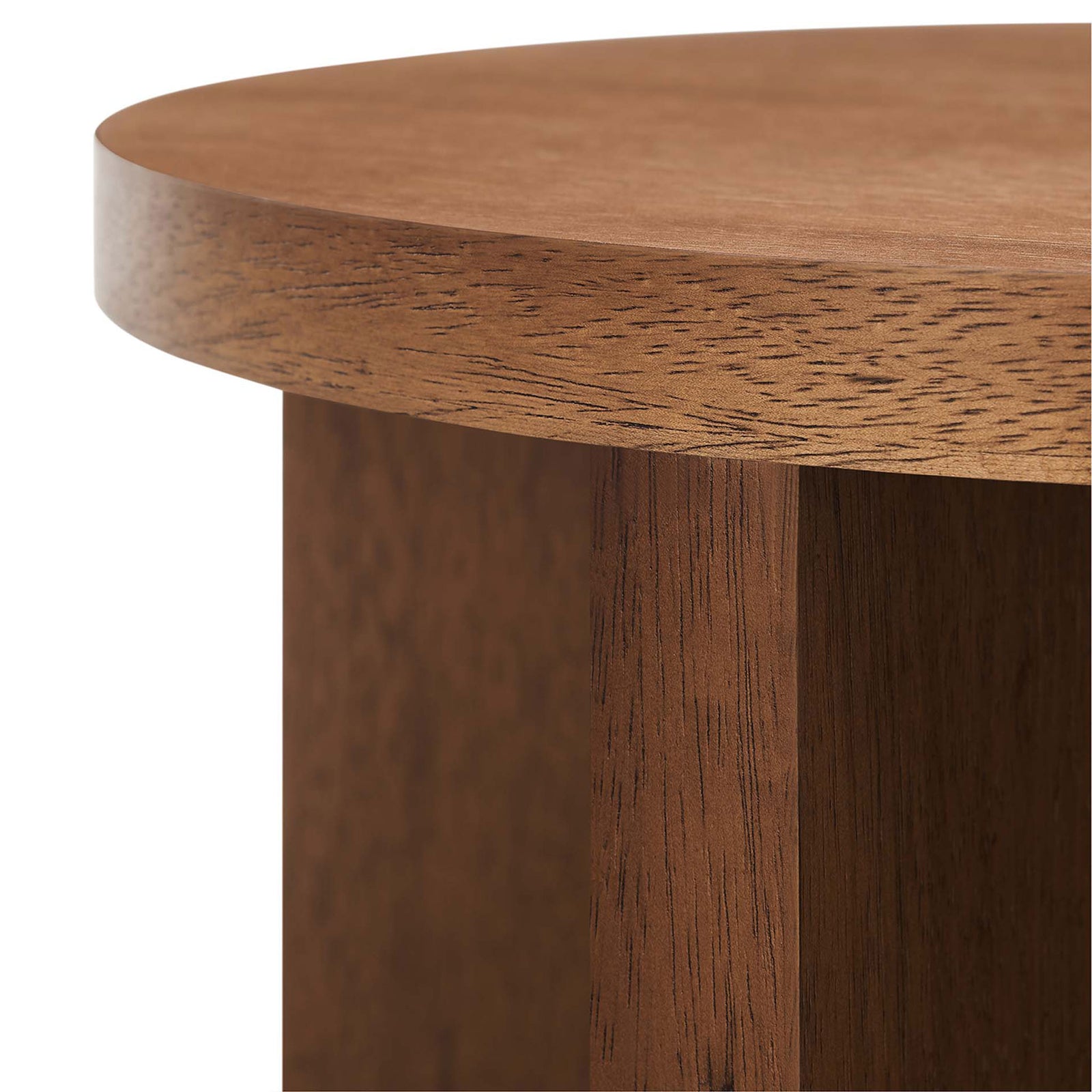 Beveled walnut tabletop edge with rich mango wood texture and a smooth rounded profile || EEI-6579-WAL || detail_studio
