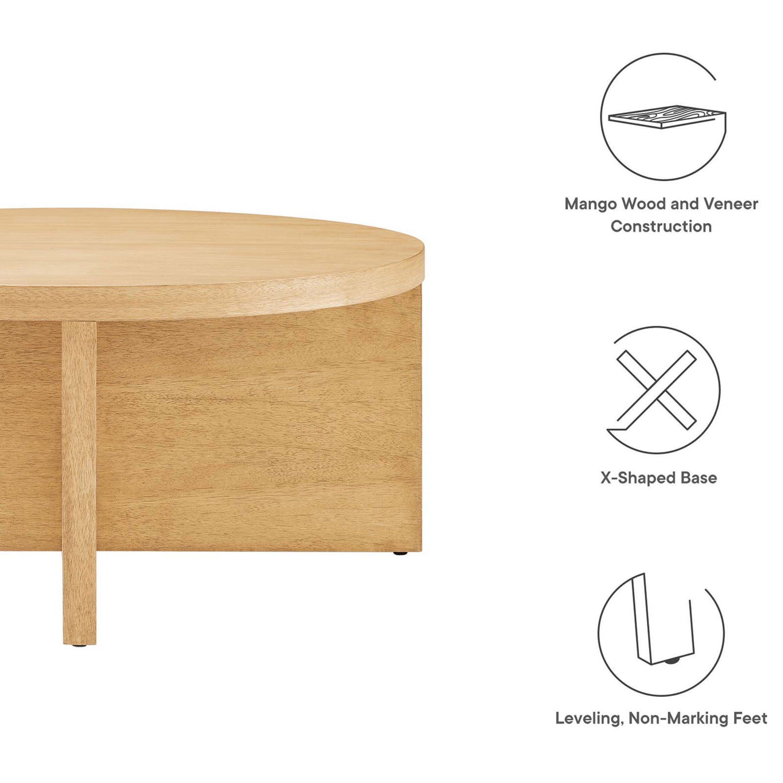 Mango wood and veneer, X-shaped base, and leveling non-marking feet || EEI-6580-NAT || callout_studio