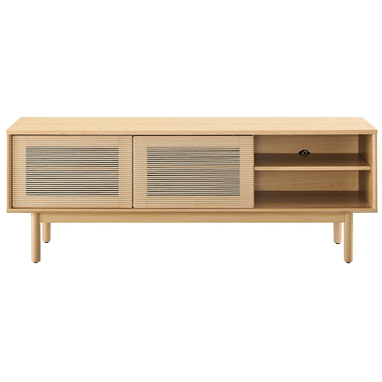 Oak tan Milo TV stand showing left storage cubbies open with rope front doors stacked to the right || EEI-6584-OAK-TAN || front_open_studio