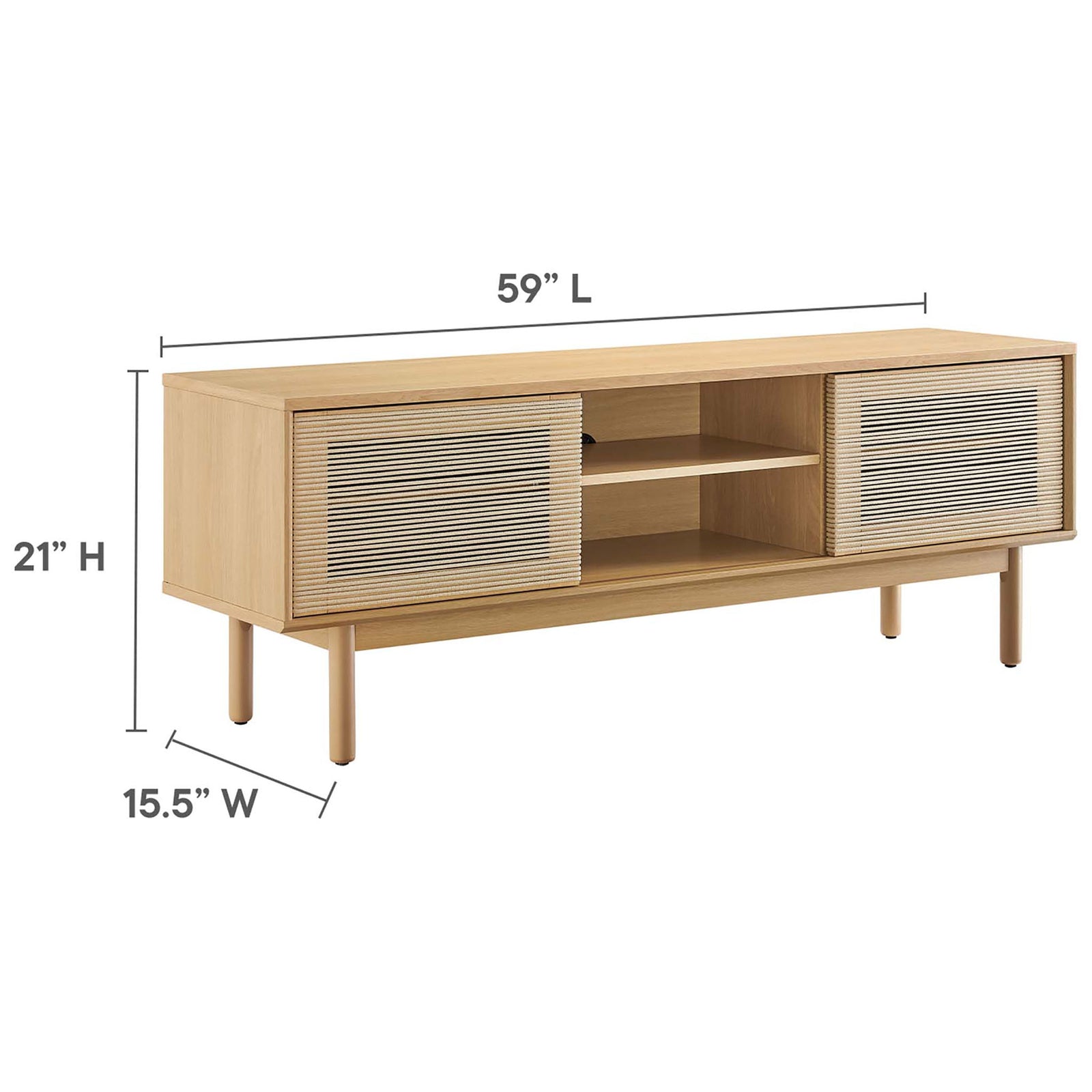 Milo 59 inch oak tan TV stand with sliding doors and open shelf, with overall height, width, and depth measurements || EEI-6584-OAK-TAN || dimension_studio
