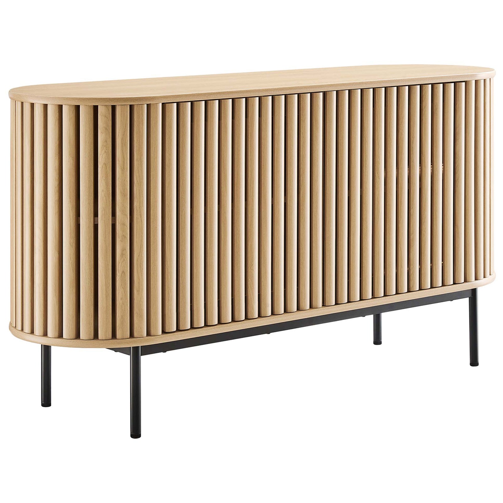 Oak oval sideboard with vertical timber-style slats and slim black legs for modern storage. || EEI-6590-OAK || front_angle_studio