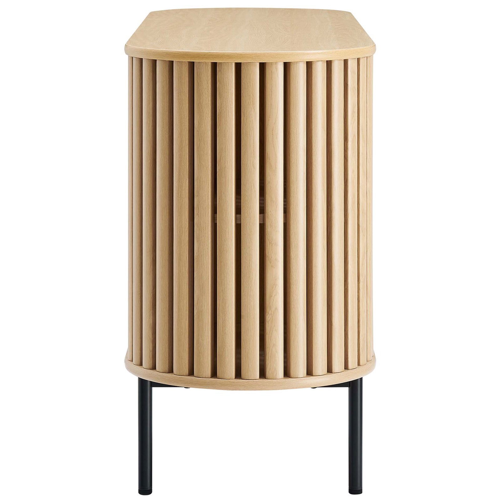 Oval oak sideboard showcasing rounded corners and full-length slatted doors on sleek black legs. || EEI-6590-OAK || side_studio