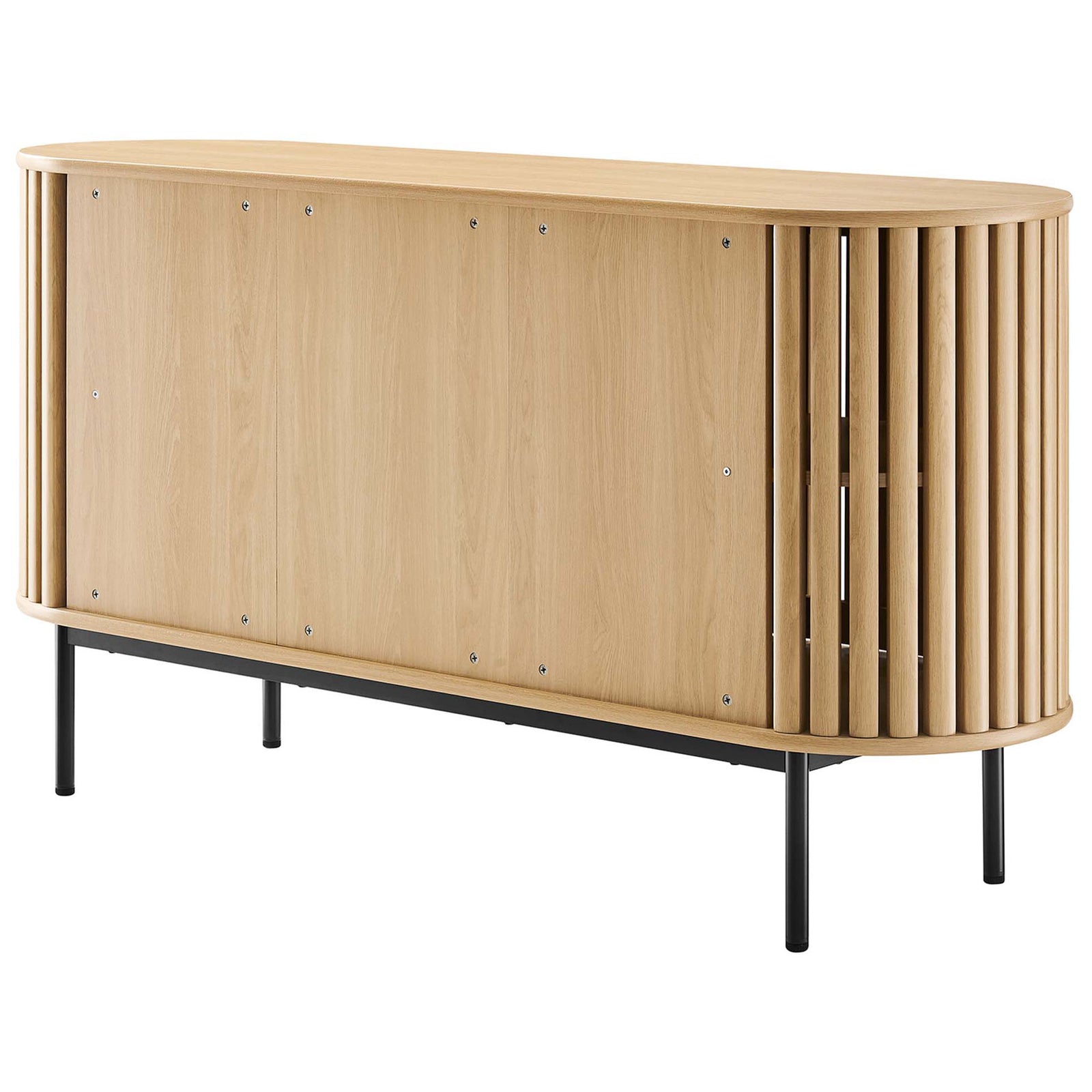 Oak sideboard with smooth wood-grain back panel and wraparound slatted sides on metal base. || EEI-6590-OAK || back_angle_studio