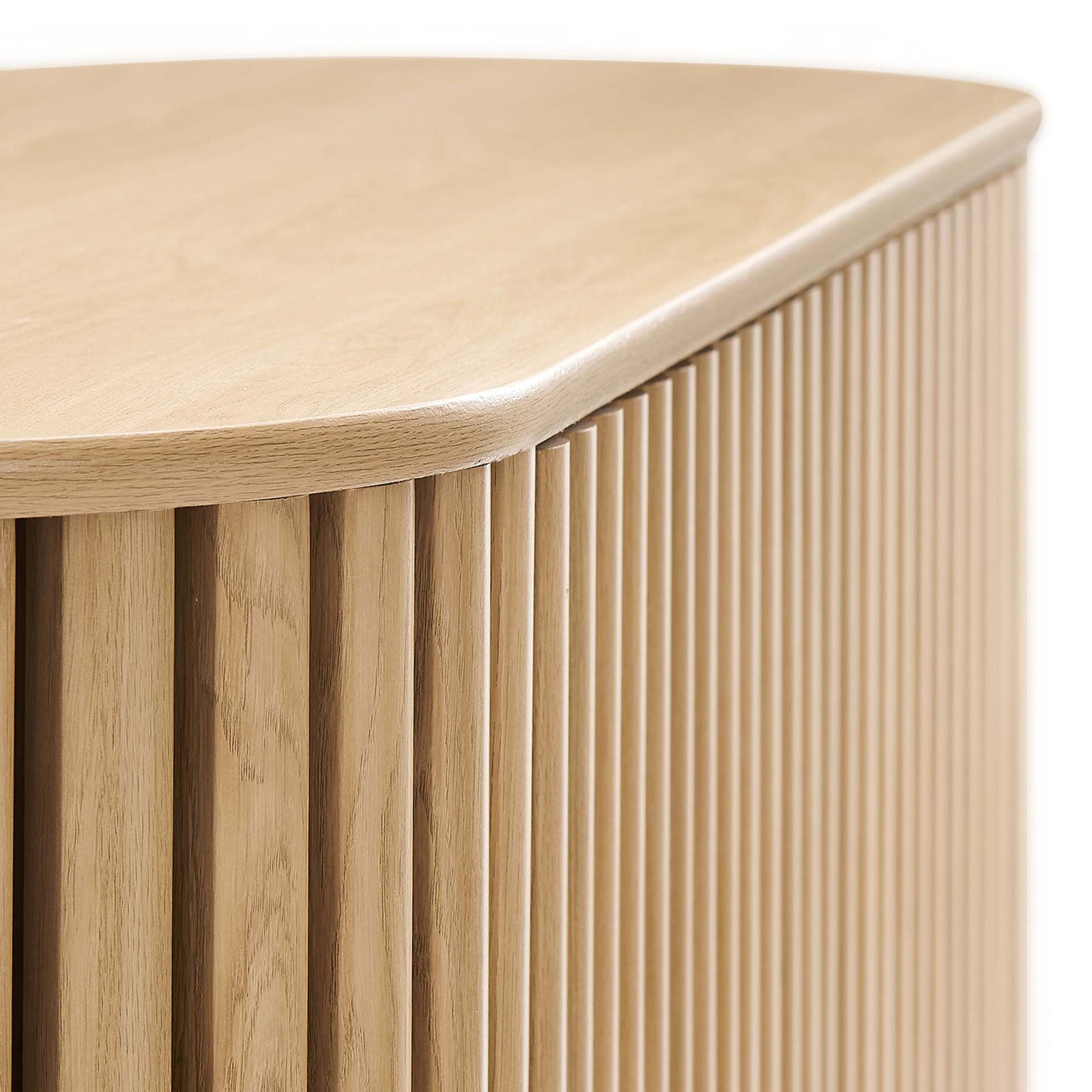 Detail of oak wood grain and rounded edges highlighting the sideboard's vertical timber-style slats. || EEI-6590-OAK || detail_studio