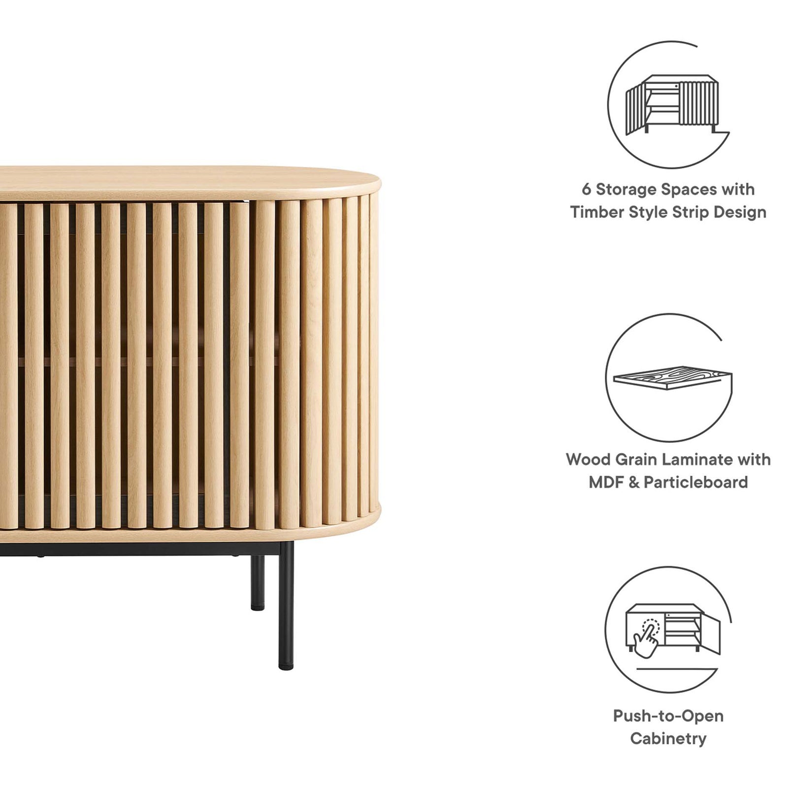 Fortitude sideboard feature graphic highlighting six storage spaces, wood grain laminate, and push-to-open doors. || EEI-6590-OAK || callout_studio
