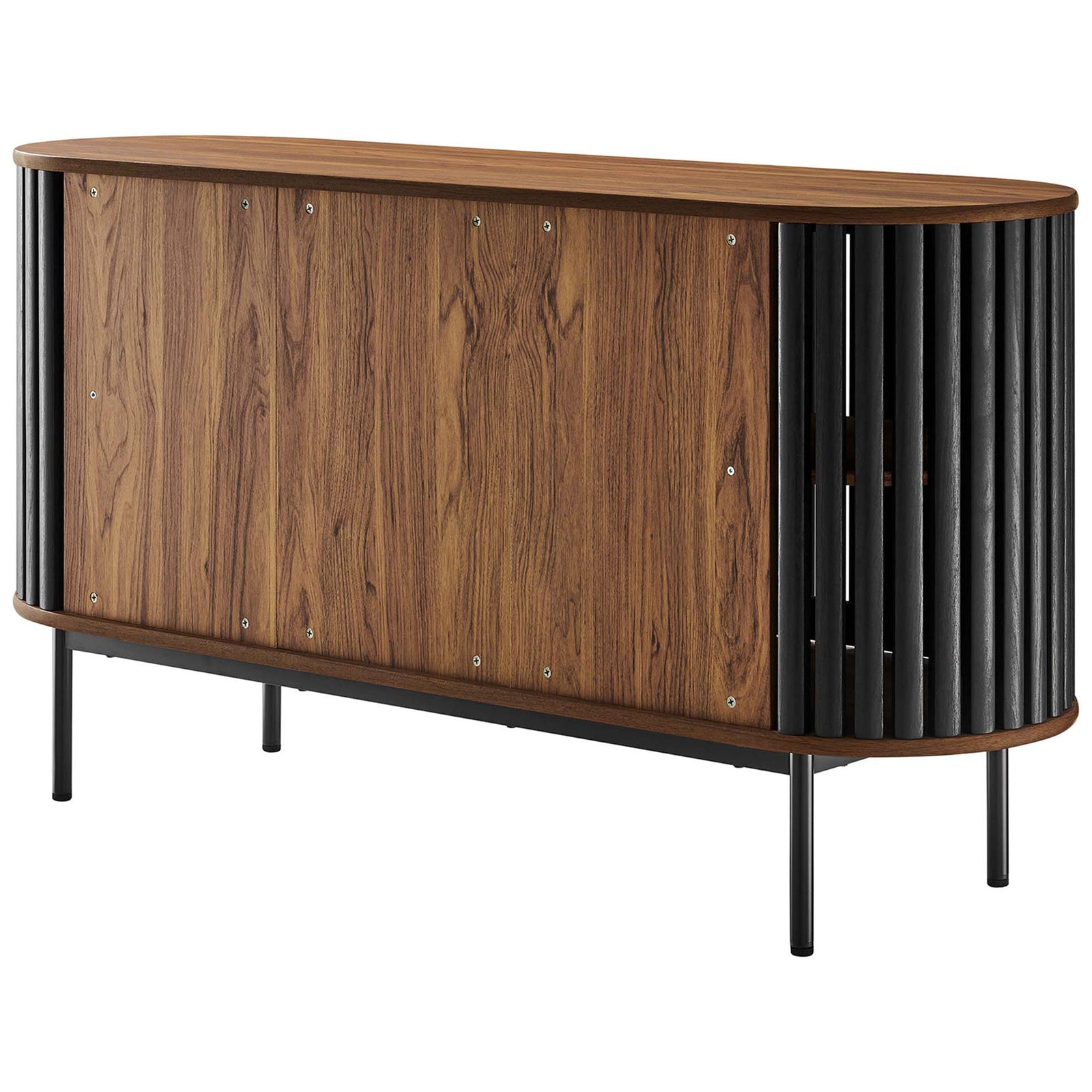 Walnut sideboard features smooth wood-grain back panel and gently rounded oval edges. || EEI-6590-WAL-BLK || back_angle_studio