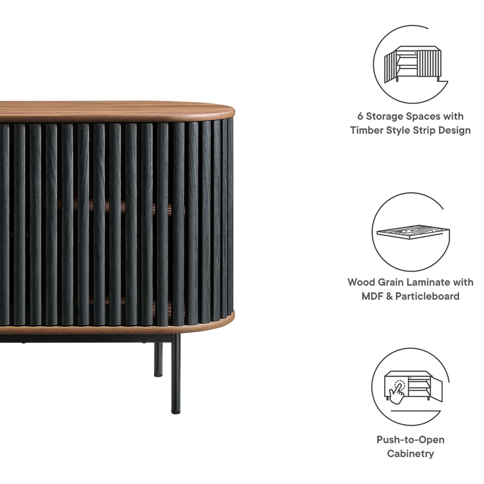 Feature graphic highlighting six storage spaces, wood-grain laminate construction, and push-to-open cabinetry. || EEI-6590-WAL-BLK || callout_studio
