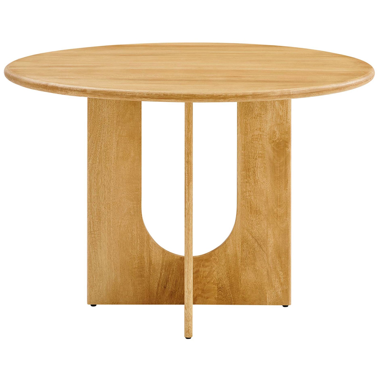 Oak round dining table showcasing a bold intersecting pedestal base for a clean mid-century modern look || EEI-6592-OAK || front_studio
