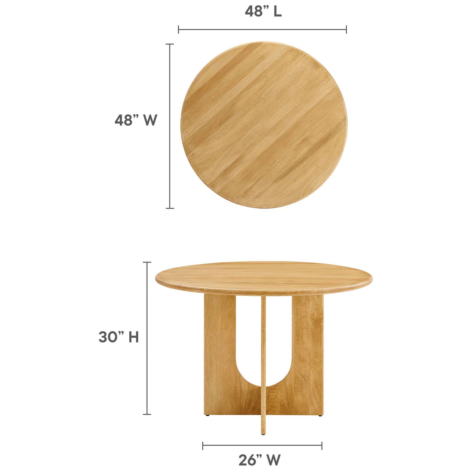 48 inch round oak dining table with 30 inch height and 26 inch wide pedestal base sized for four to six || EEI-6592-OAK || dimension_studio