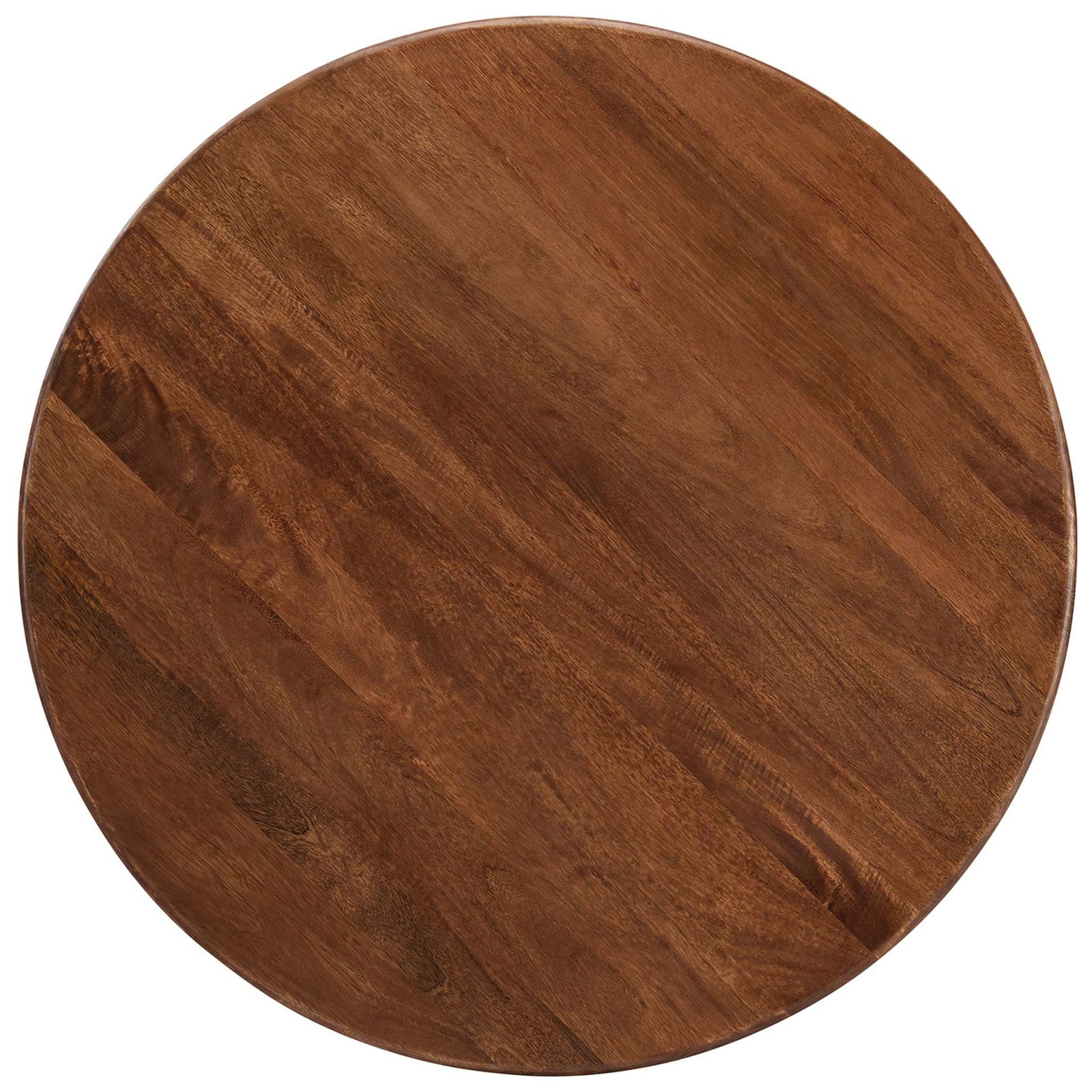 Overhead view of the 48 inch round walnut tabletop with beautifully varied mango wood grain. || EEI-6592-WAL || top_studio
