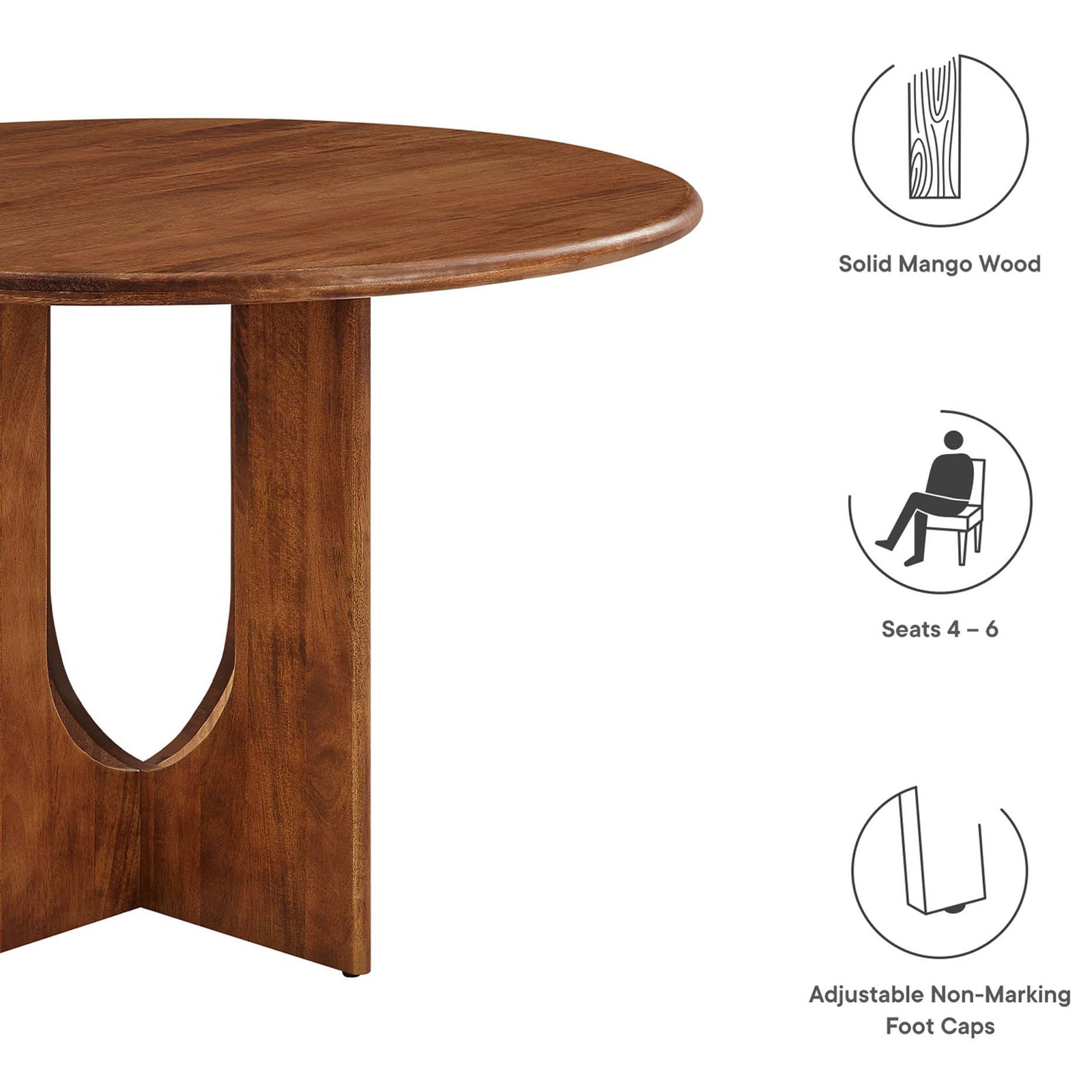 Feature graphic highlighting the solid mango wood build, seating for up to six, and adjustable non-marking foot caps. || EEI-6592-WAL || callout_studio