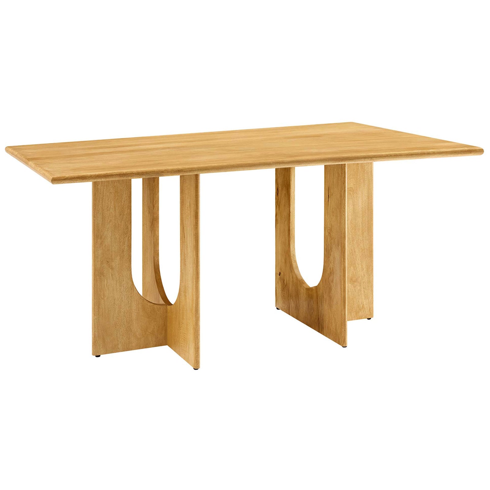 70 inch oak finish mango wood dining table with sculptural double pedestal base || EEI-6593-OAK || front_angle_studio