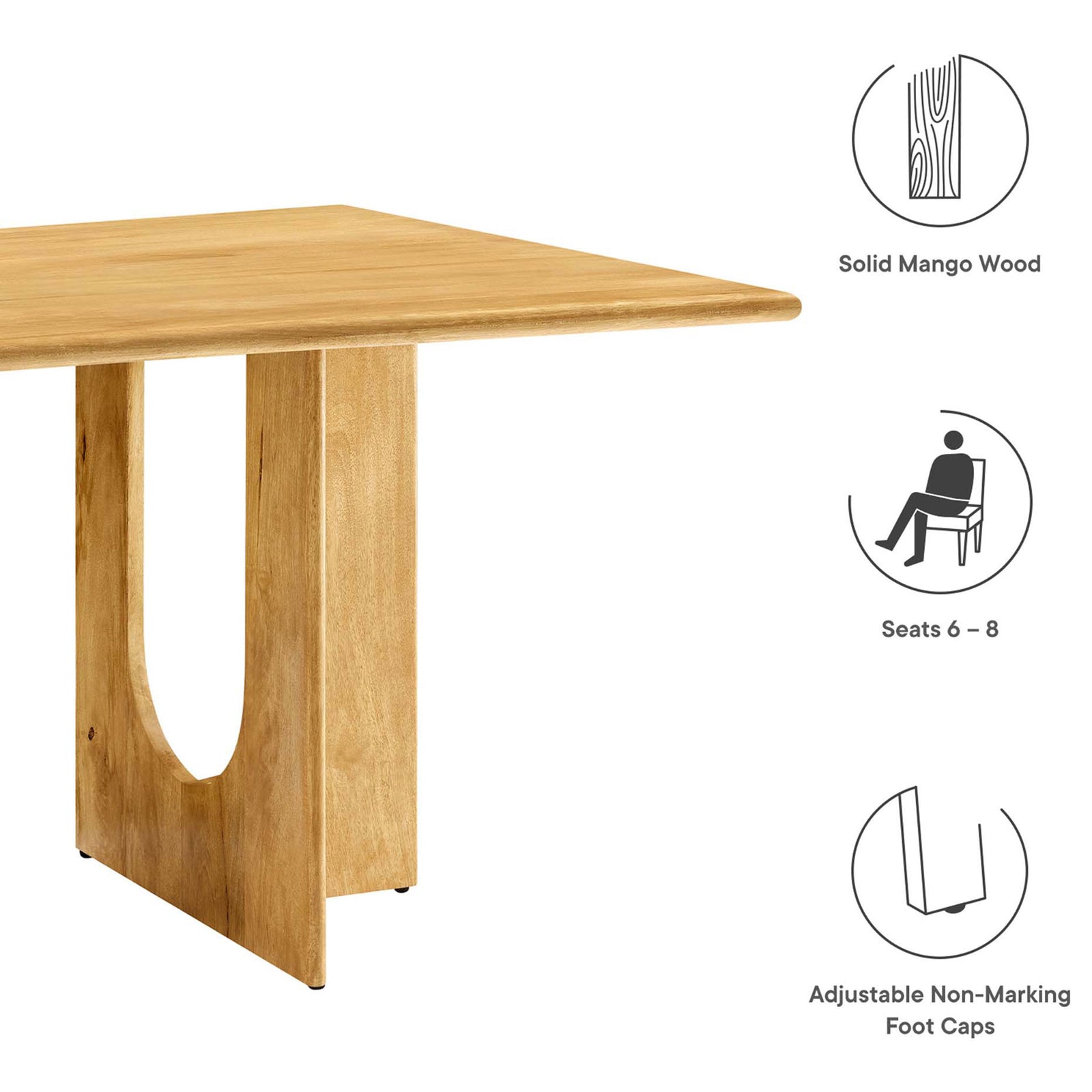 Feature callouts for solid mango wood seating capacity and adjustable foot caps || EEI-6593-OAK || callout_studio