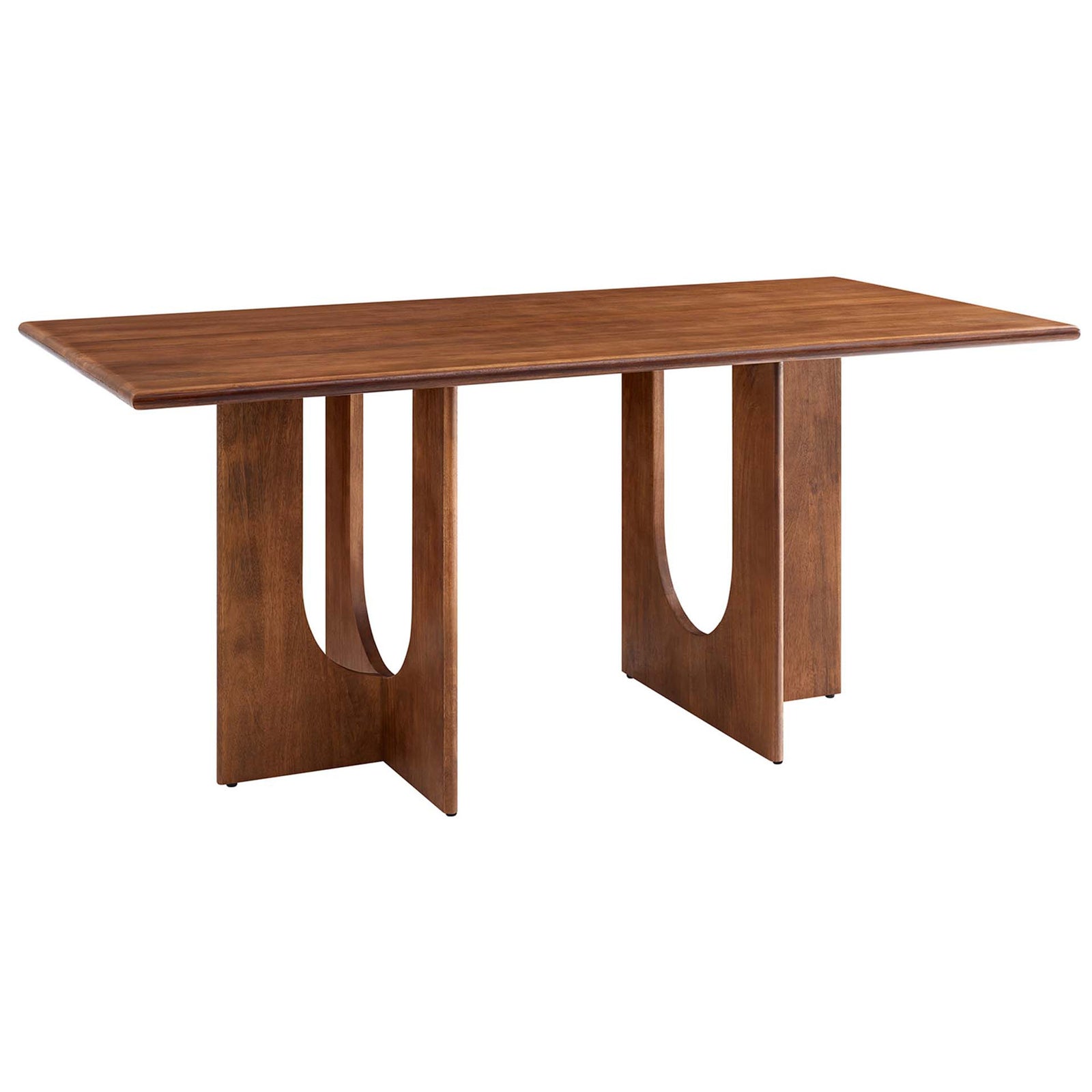 Modern walnut dining table with warm mango wood grain and bold arched pedestal legs for a statement dining space || EEI-6593-WAL || front_angle_studio