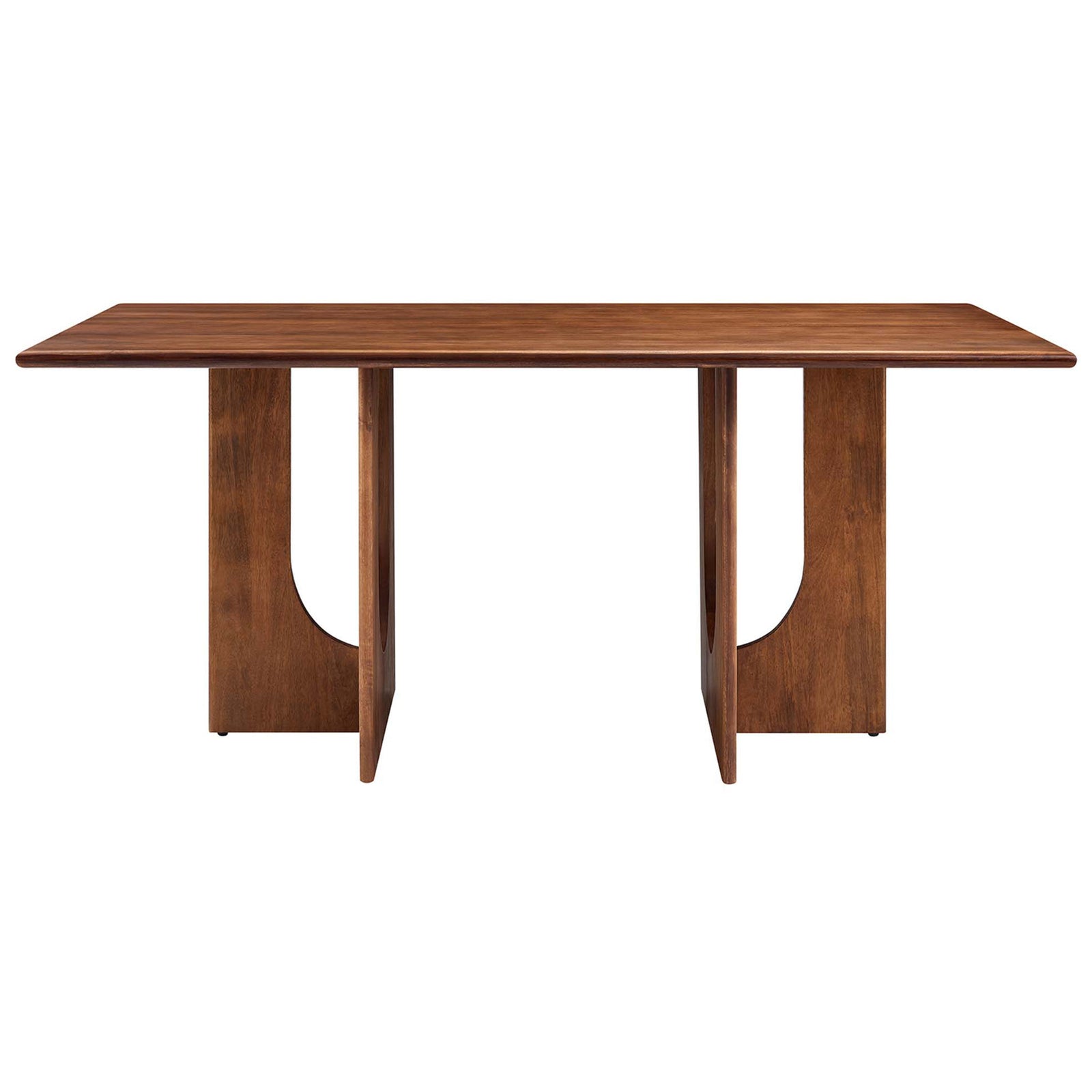 Walnut mango wood dining table with sculptural double pedestal base and smooth rectangular top for six to eight guests || EEI-6593-WAL || front_studio