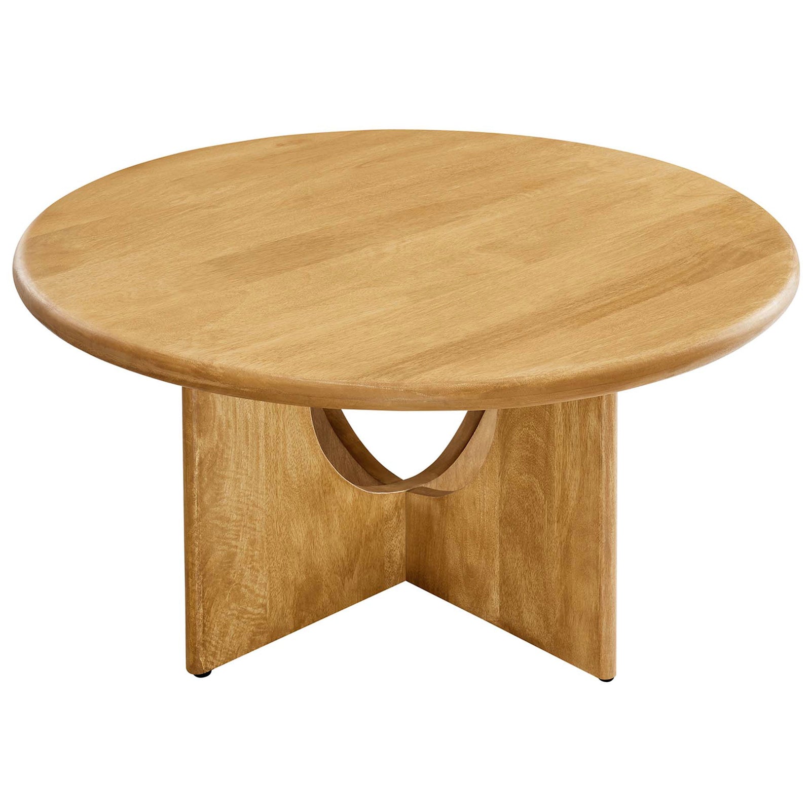 34 in. round oak coffee table with a smooth beveled edge and airy intersecting pedestal base. || EEI-6594-OAK || front_angle_studio