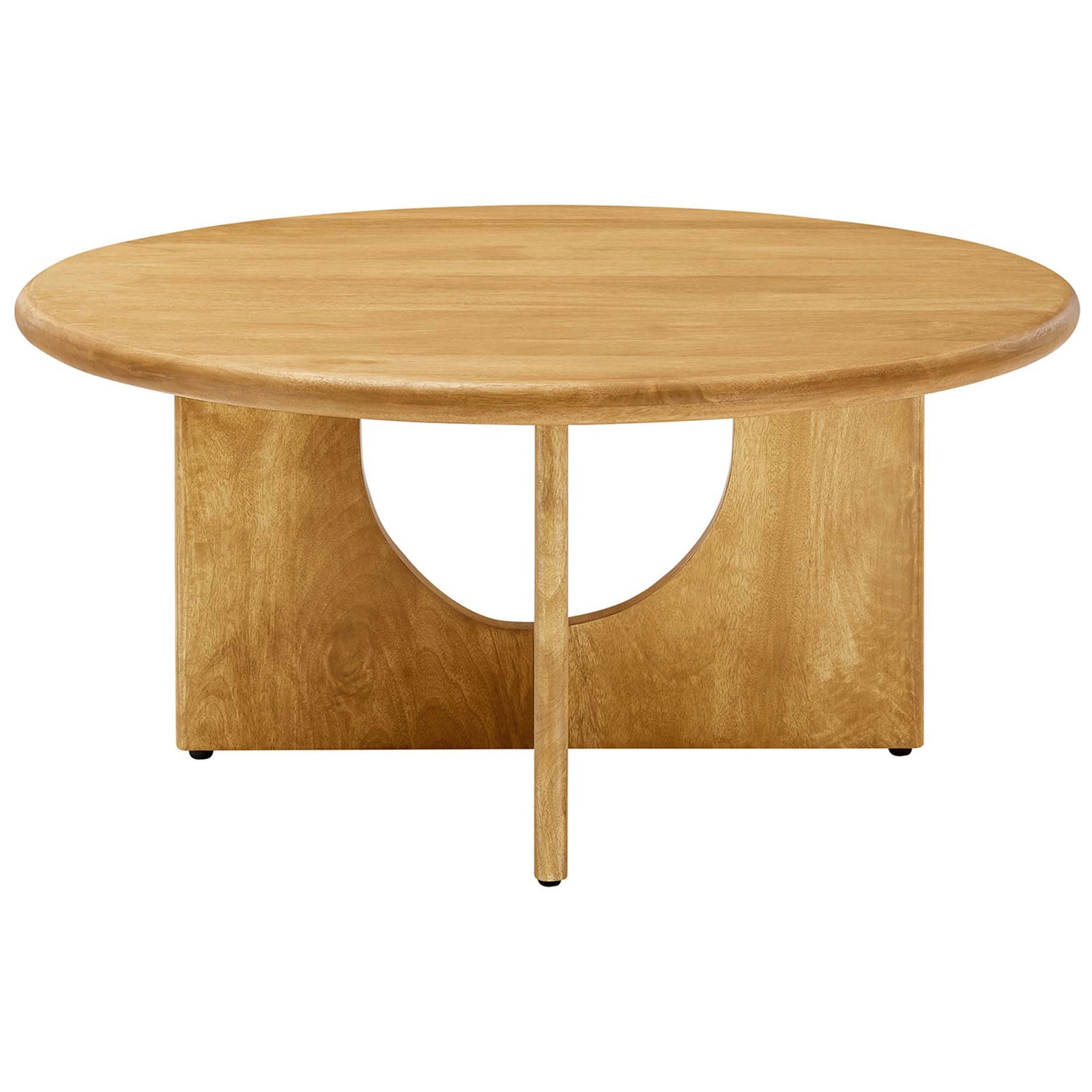 Sleek round coffee table in solid mango wood with a sculptural pedestal and arched cutout base. || EEI-6594-OAK || front_studio