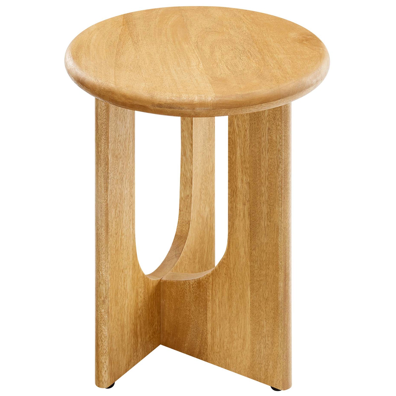 Compact round side table in warm oak finish with intersecting pedestal legs and smooth top. || EEI-6595-OAK || front_angle_studio