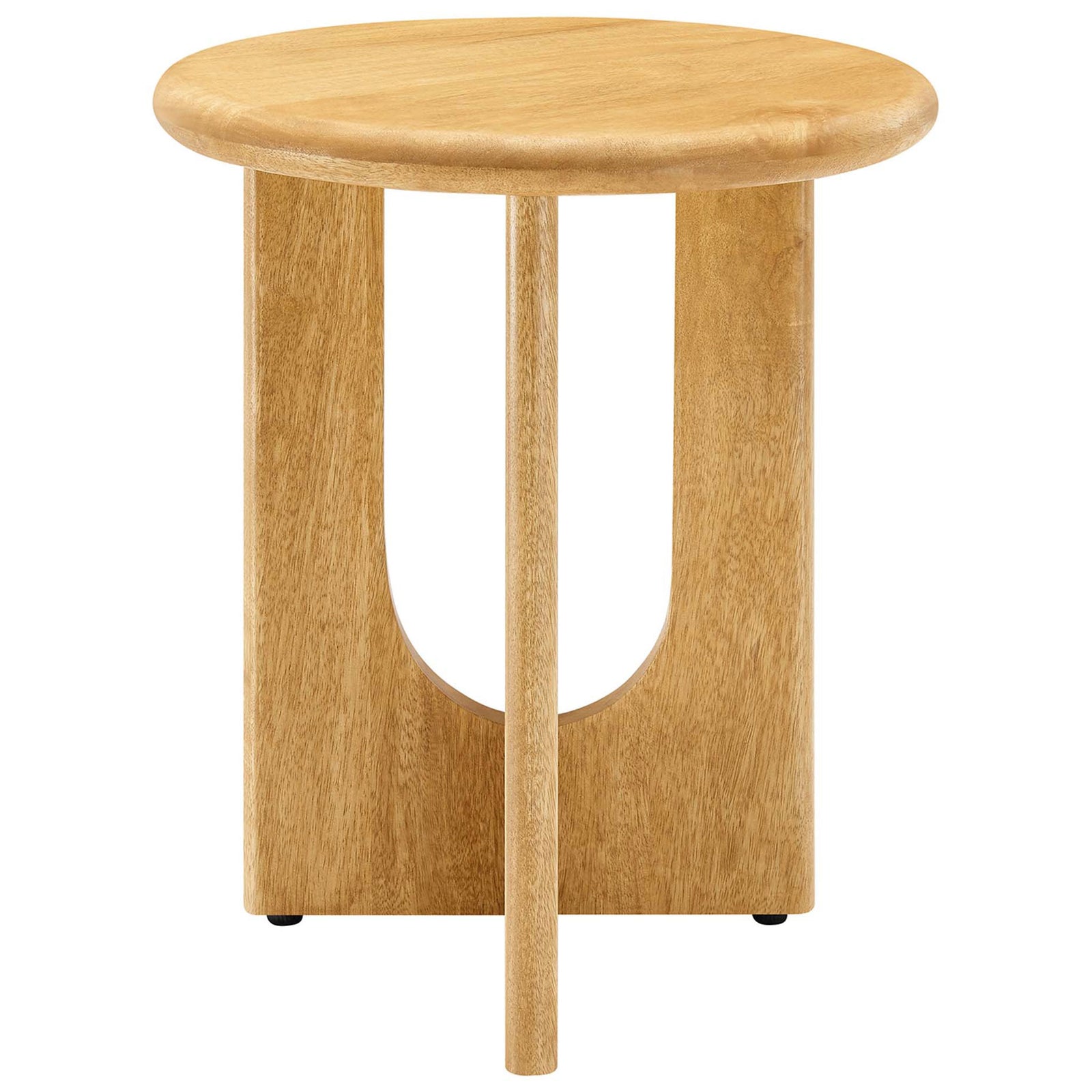 Round oak side table with sculpted mango wood pedestal base and arched cutout design. || EEI-6595-OAK || front_studio