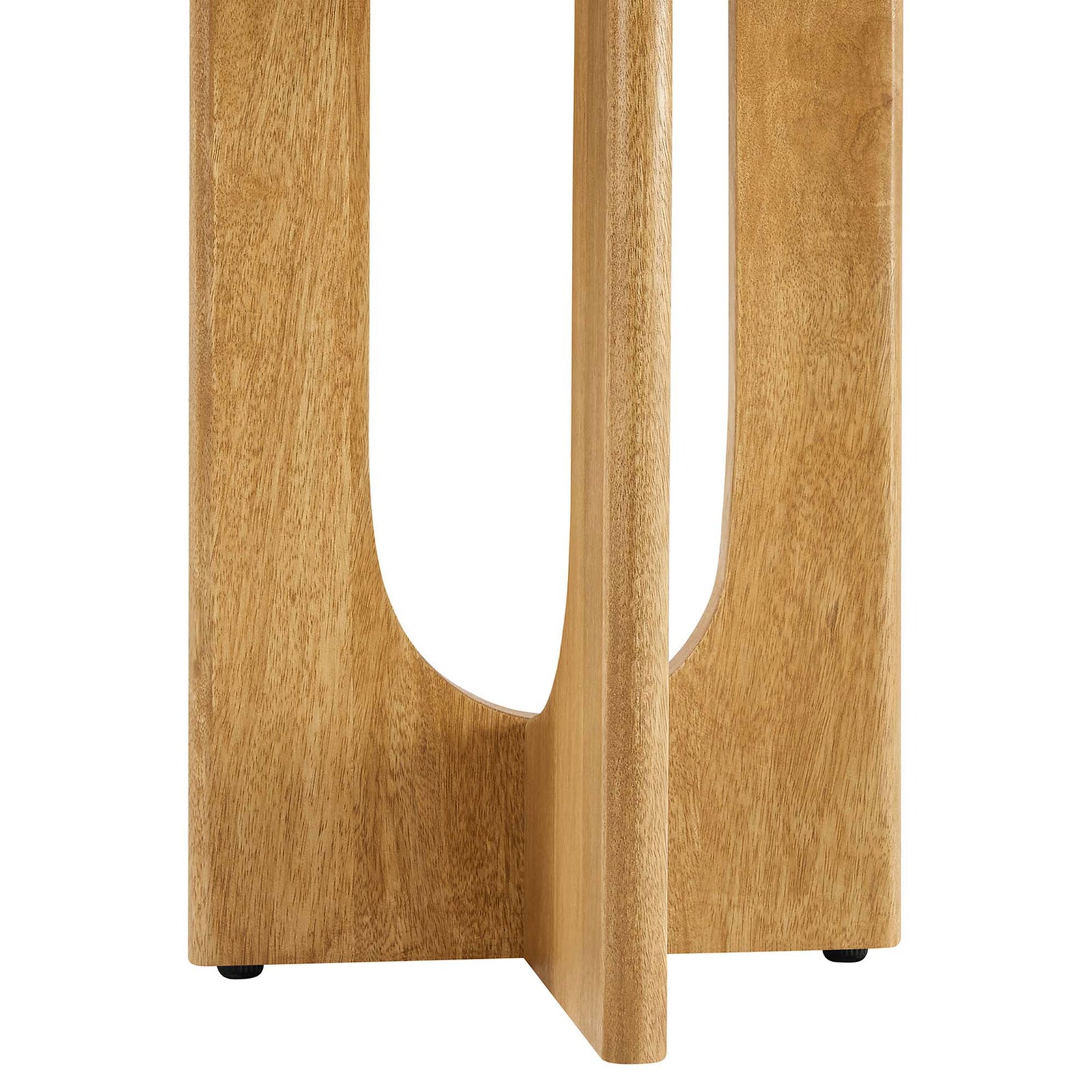 Intersecting pedestal base with arched cutout and rounded edges in warm oak finish. || EEI-6595-OAK || leg_studio