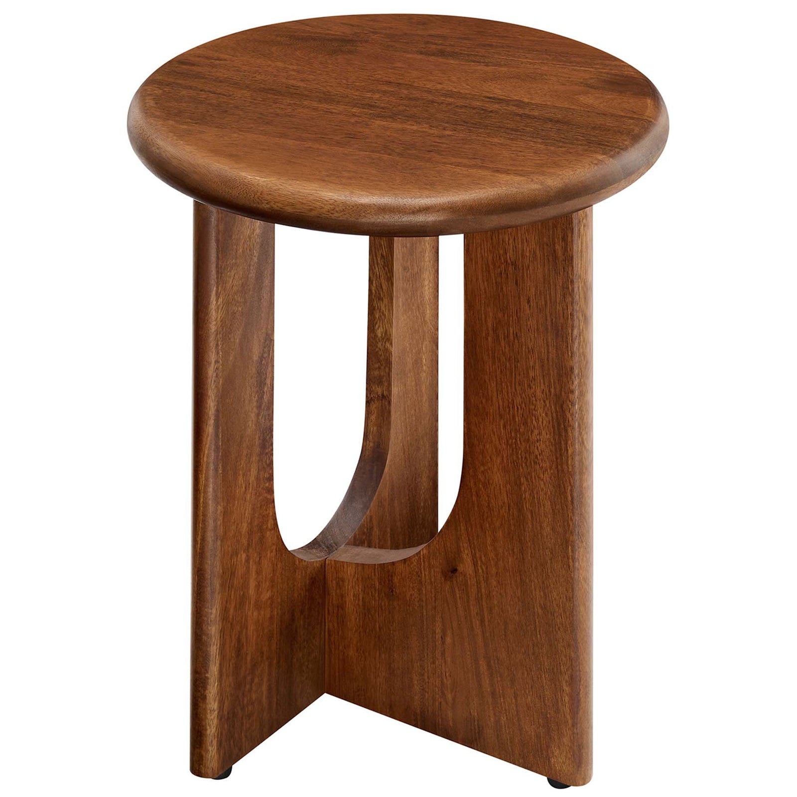 Round walnut mango wood side table with sculpted pedestal base and arched cutout legs || EEI-6595-WAL || front_angle_studio
