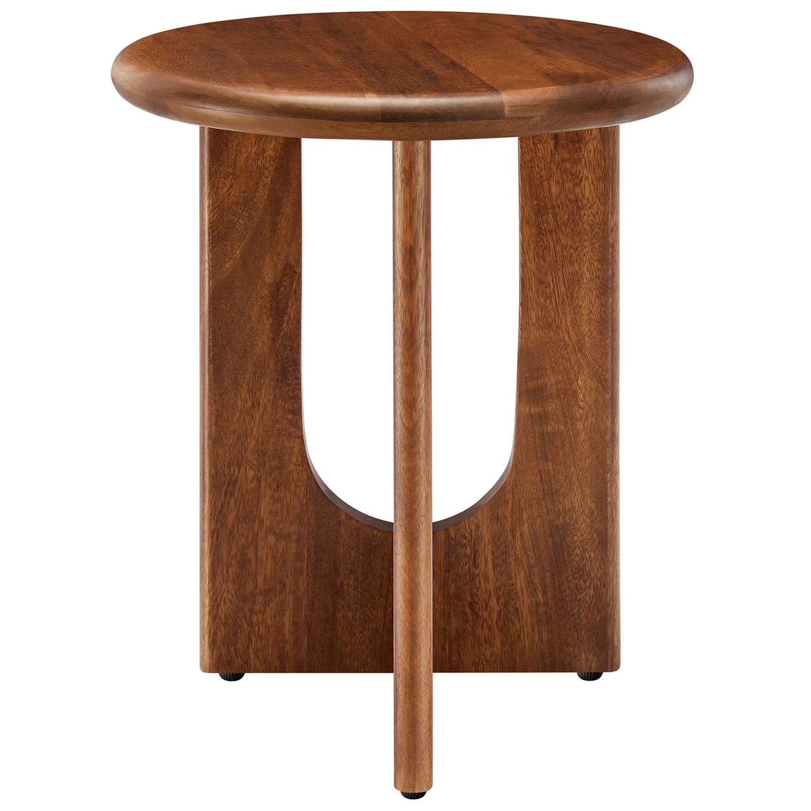 Compact round walnut side table with smooth top and three-panel pedestal base for modern living rooms || EEI-6595-WAL || front_studio