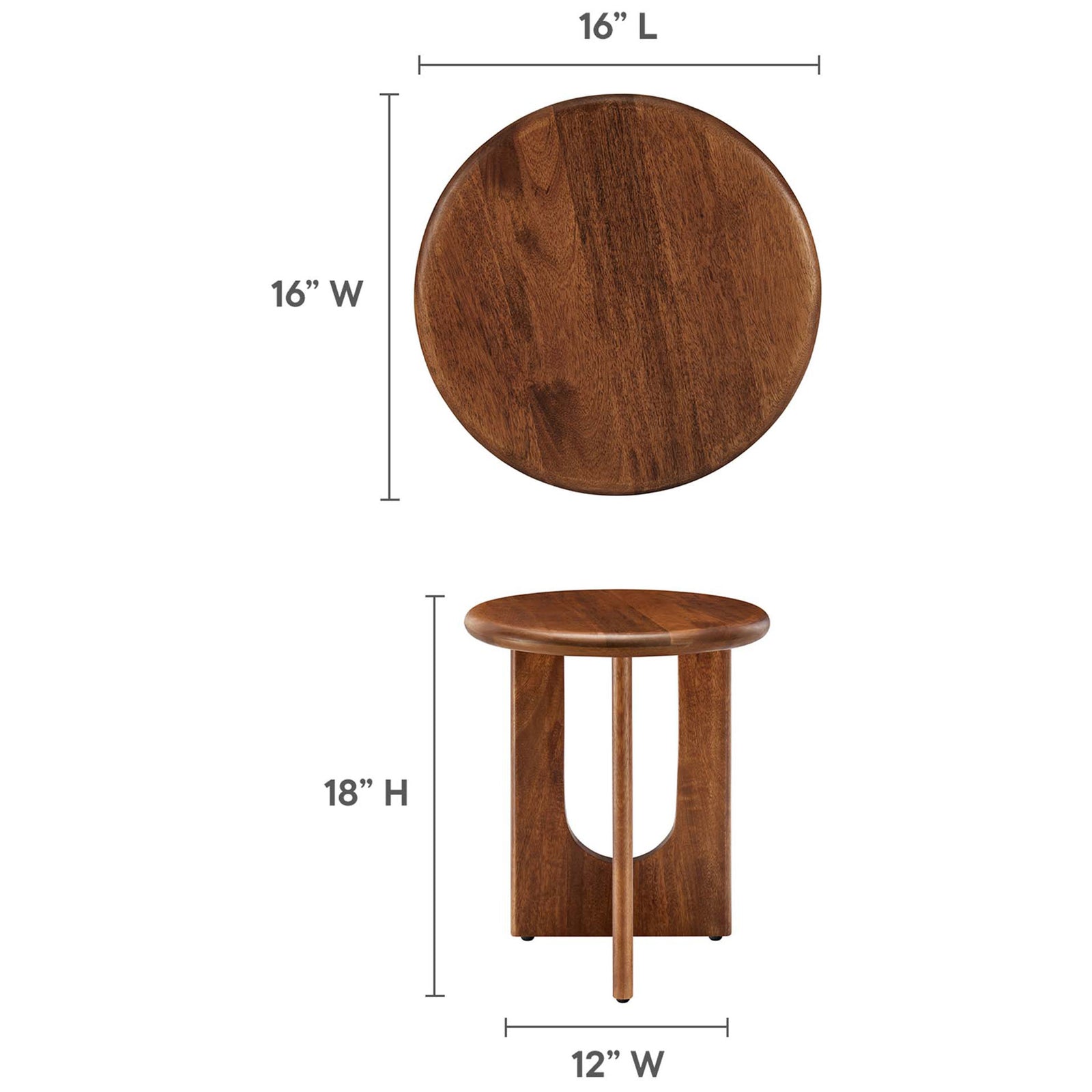 Round walnut side table featuring measurements for 16 inch wide top and 18 inch overall height || EEI-6595-WAL || dimension_studio