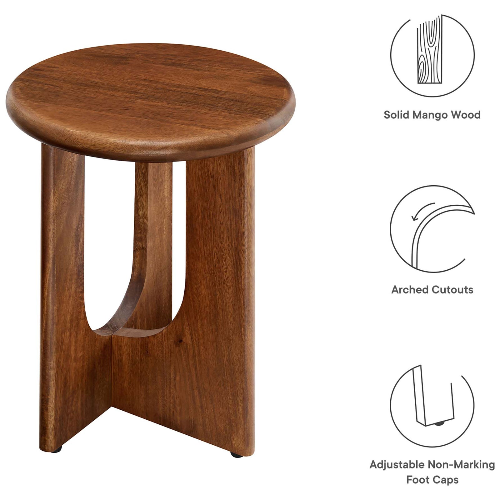 Solid mango wood side table with arched cutout base and adjustable non-marking foot caps || EEI-6595-WAL || callout_studio