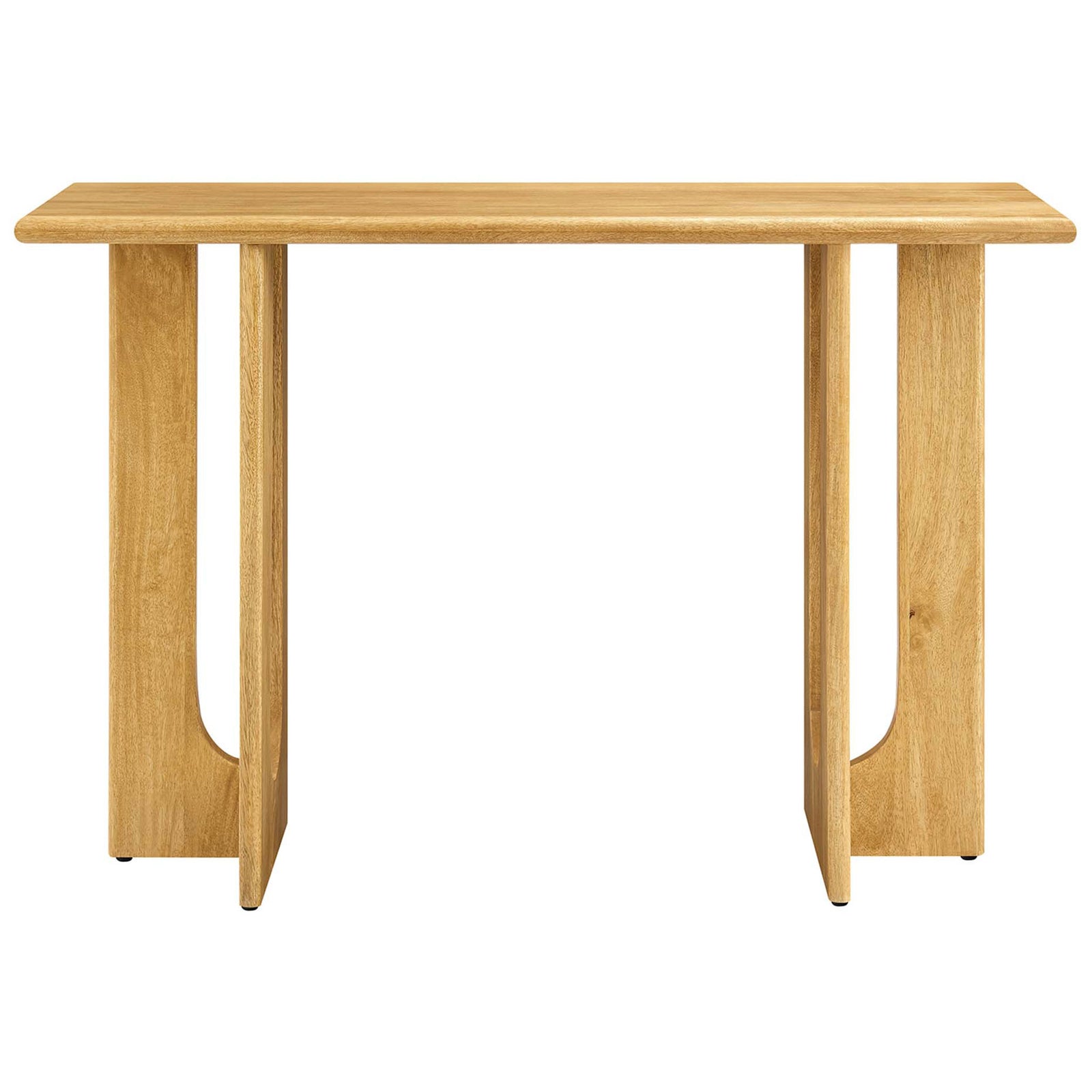 Mid-century console table in solid mango wood with twin pedestal base and 46-inch top || EEI-6596-OAK || front_studio