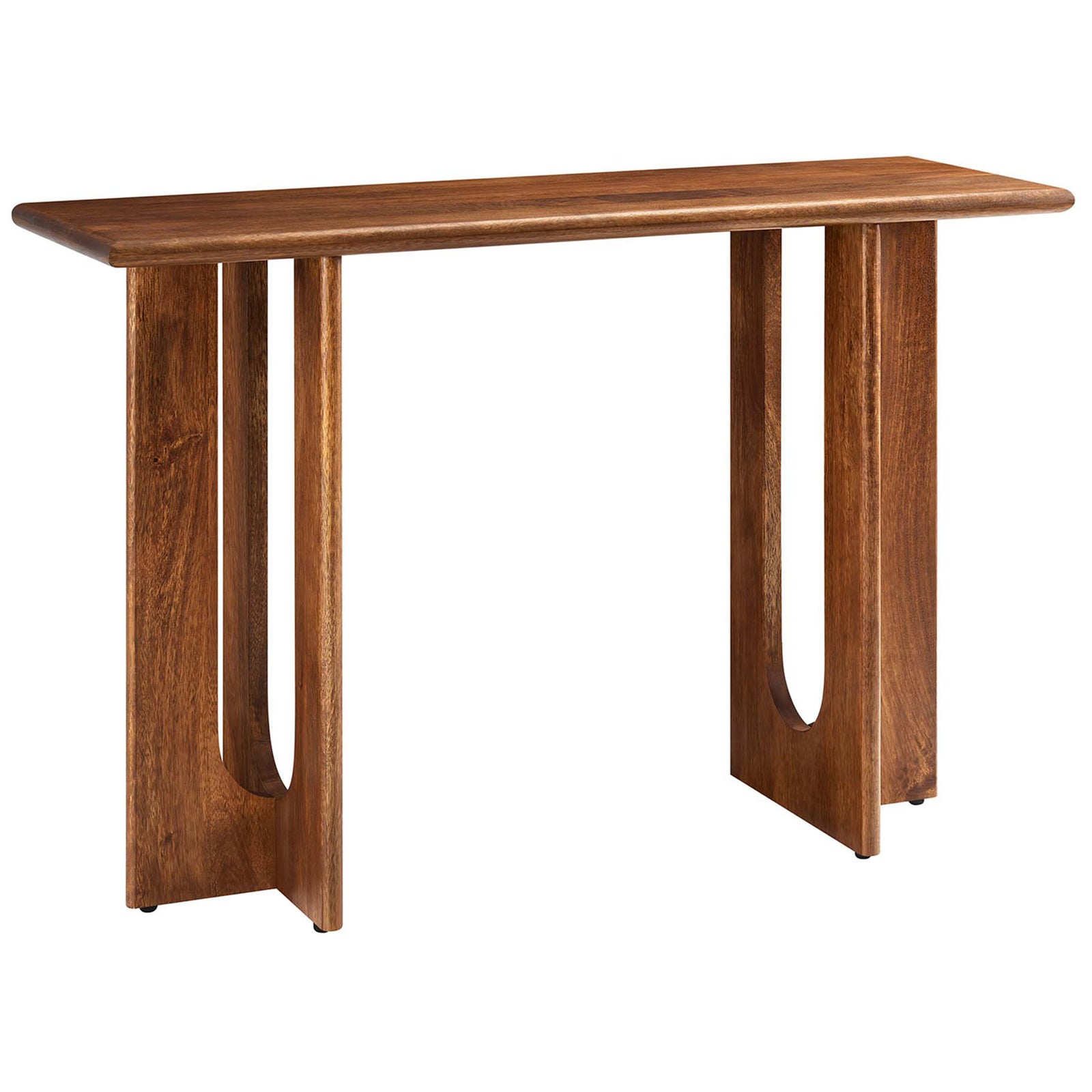 Mid-century inspired silhouette with rounded edges adds warm walnut character to halls and living spaces || EEI-6596-WAL || front_angle_studio