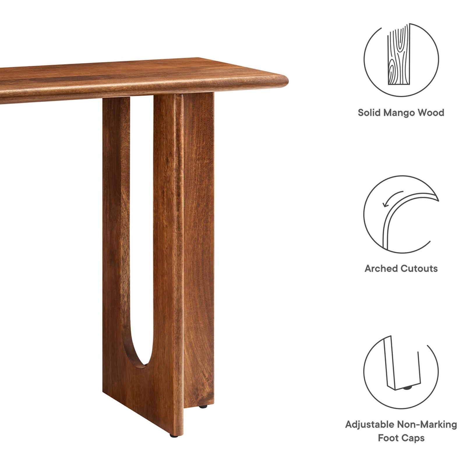 Durable solid mango wood, arched cutouts, and adjustable non-marking foot caps for stable placement || EEI-6596-WAL || callout_studio