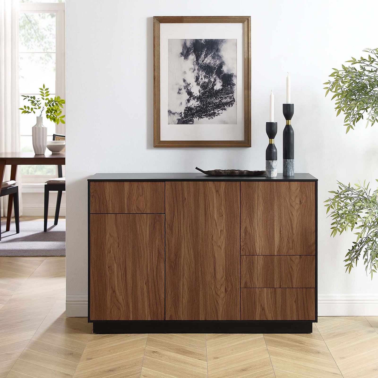 Holden black walnut sideboard styled in a modern dining space as a sleek buffet or media console || EEI-6597-BLK-WAL || front_room