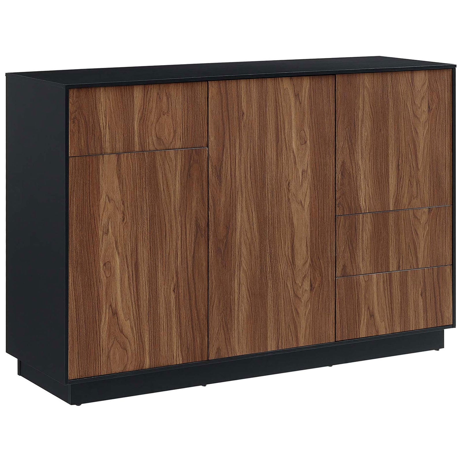 Modern black walnut sideboard with contrasting black frame and flush, handle-free push to open fronts || EEI-6597-BLK-WAL || front_angle_studio