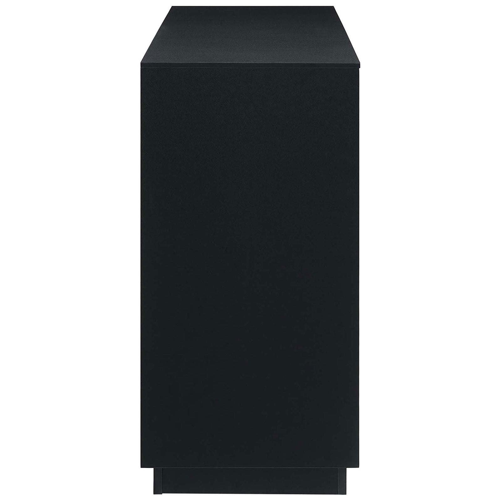 Slim side profile of the Holden sideboard showing its clean lines, black finish, and sturdy plinth base || EEI-6597-BLK-WAL || side_studio
