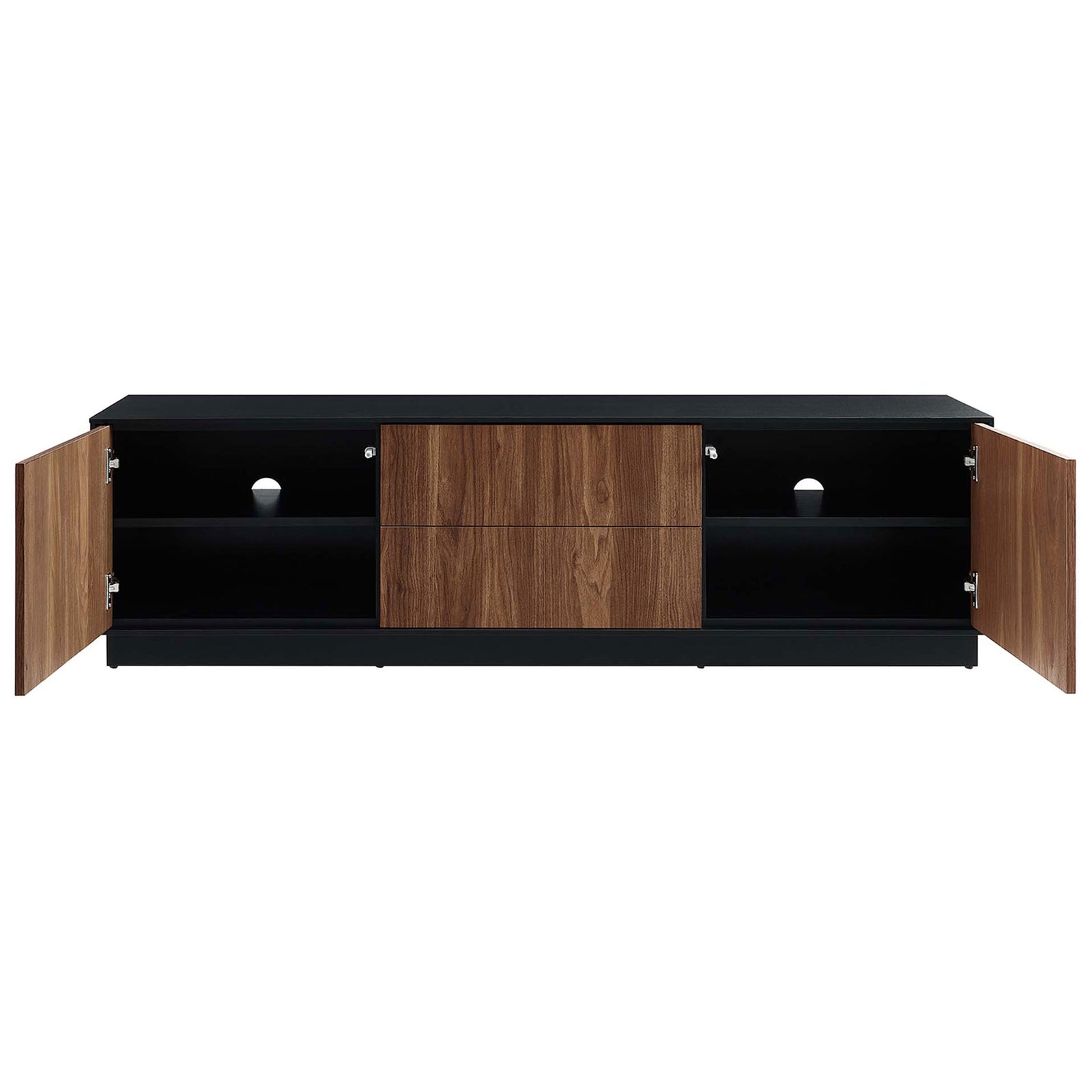 TV stand with both side cabinets open to reveal adjustable shelving and central drawers || EEI-6598-BLK-WAL || front_open_studio