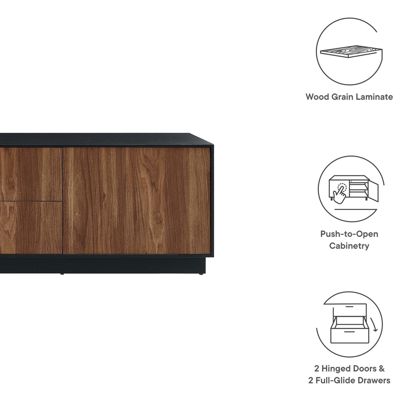 Feature graphic highlighting wood grain laminate, push-to-open doors, and drawers || EEI-6598-BLK-WAL || callout_studio
