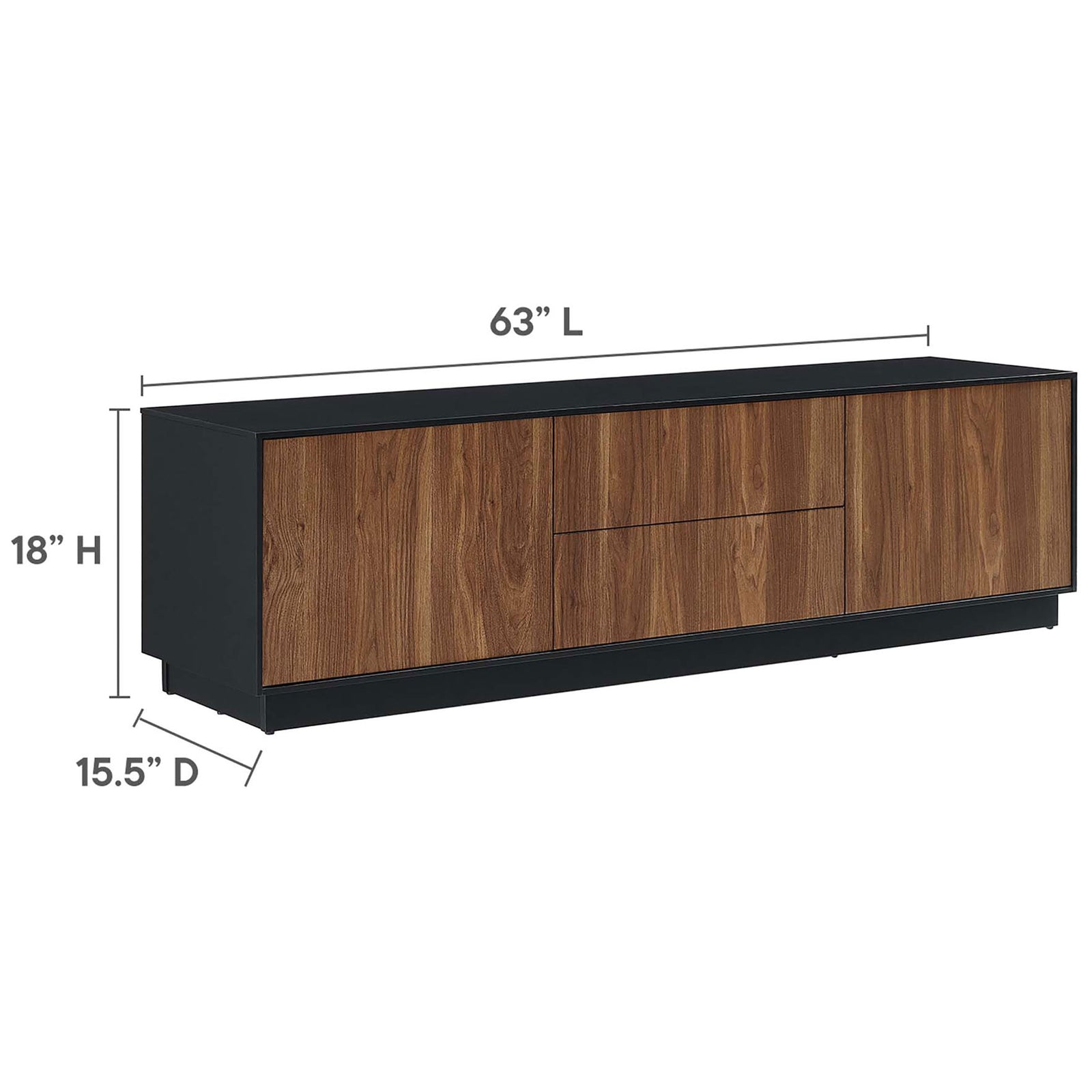 Dimension graphic of the TV stand showing overall length, height, and depth || EEI-6598-BLK-WAL || dimension_studio