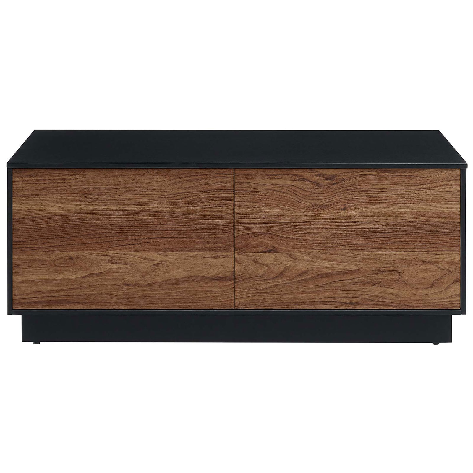 Twin push-to-open drawers showcase rich walnut grain and hidden storage || EEI-6599-BLK-WAL || front_studio