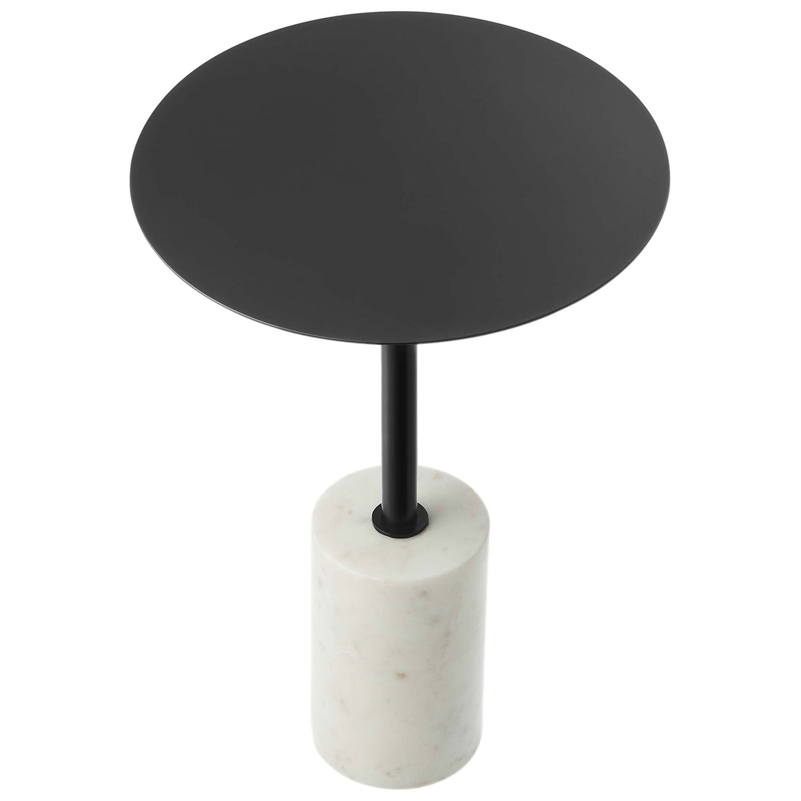 Black round tabletop supported by a slender pedestal rising from a white marble cylinder || EEI-6605-WHI-BLK || top_angle_studio