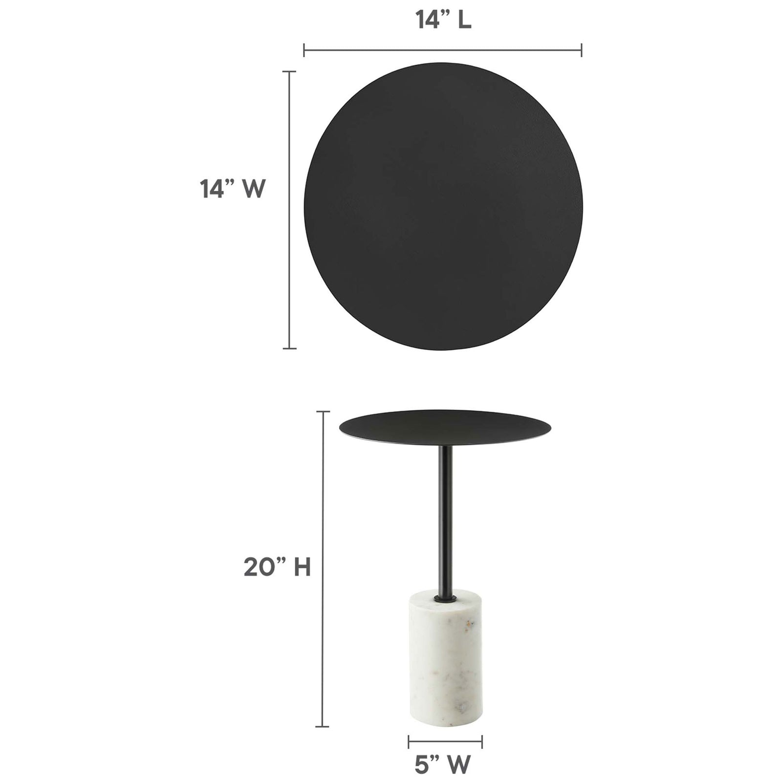 Dimension graphic showing compact 14 inch round top and 20 inch height of the Lyric side table || EEI-6605-WHI-BLK || dimension_studio